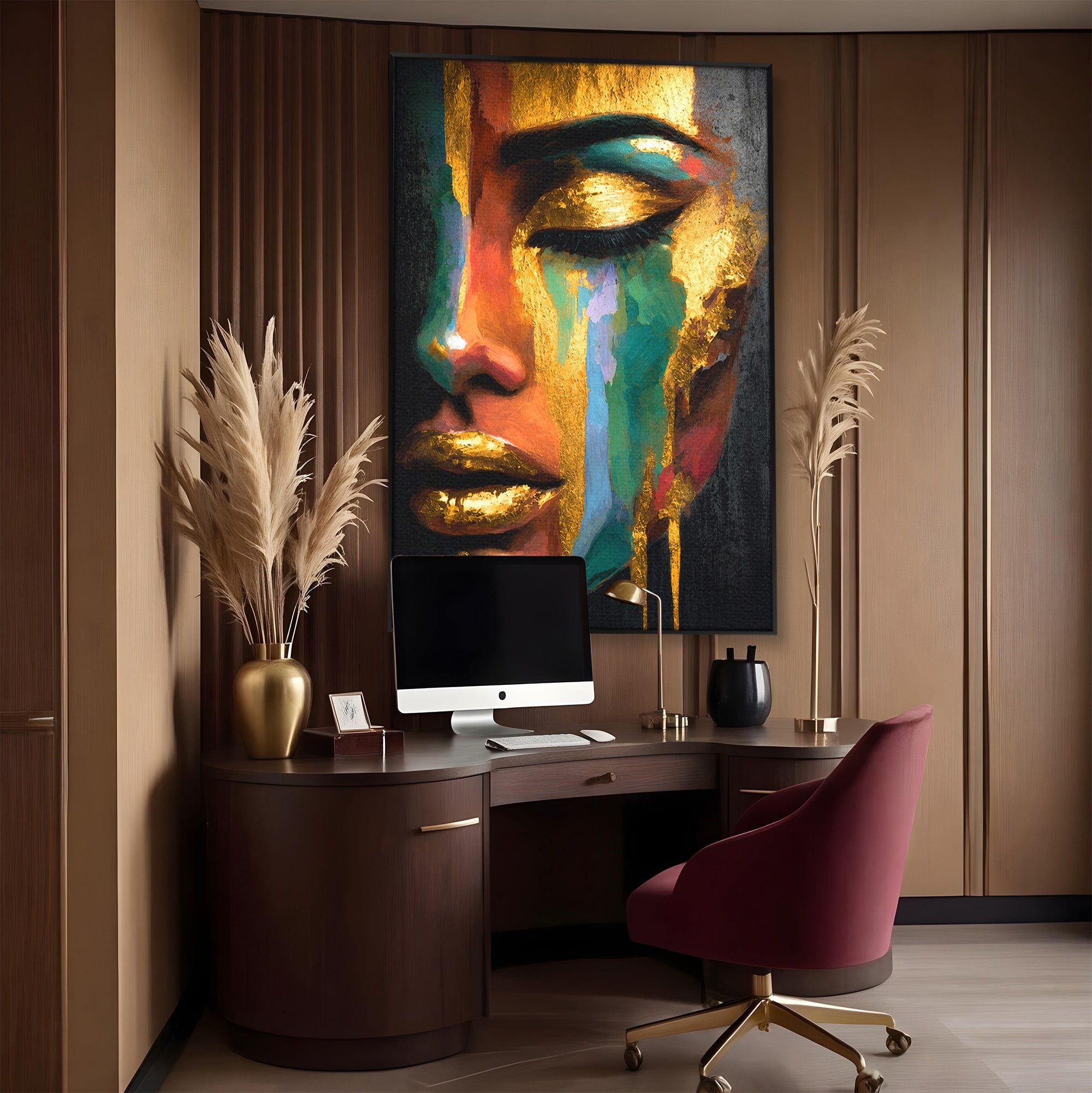 Tablou Canvas Premium LuxCanva® G1259, Chip De Femeie Aurit, Femeie, Portret, Arta Abstracta, Eleganta, Auriu, Dormitor, Birou, Culori Vibrante