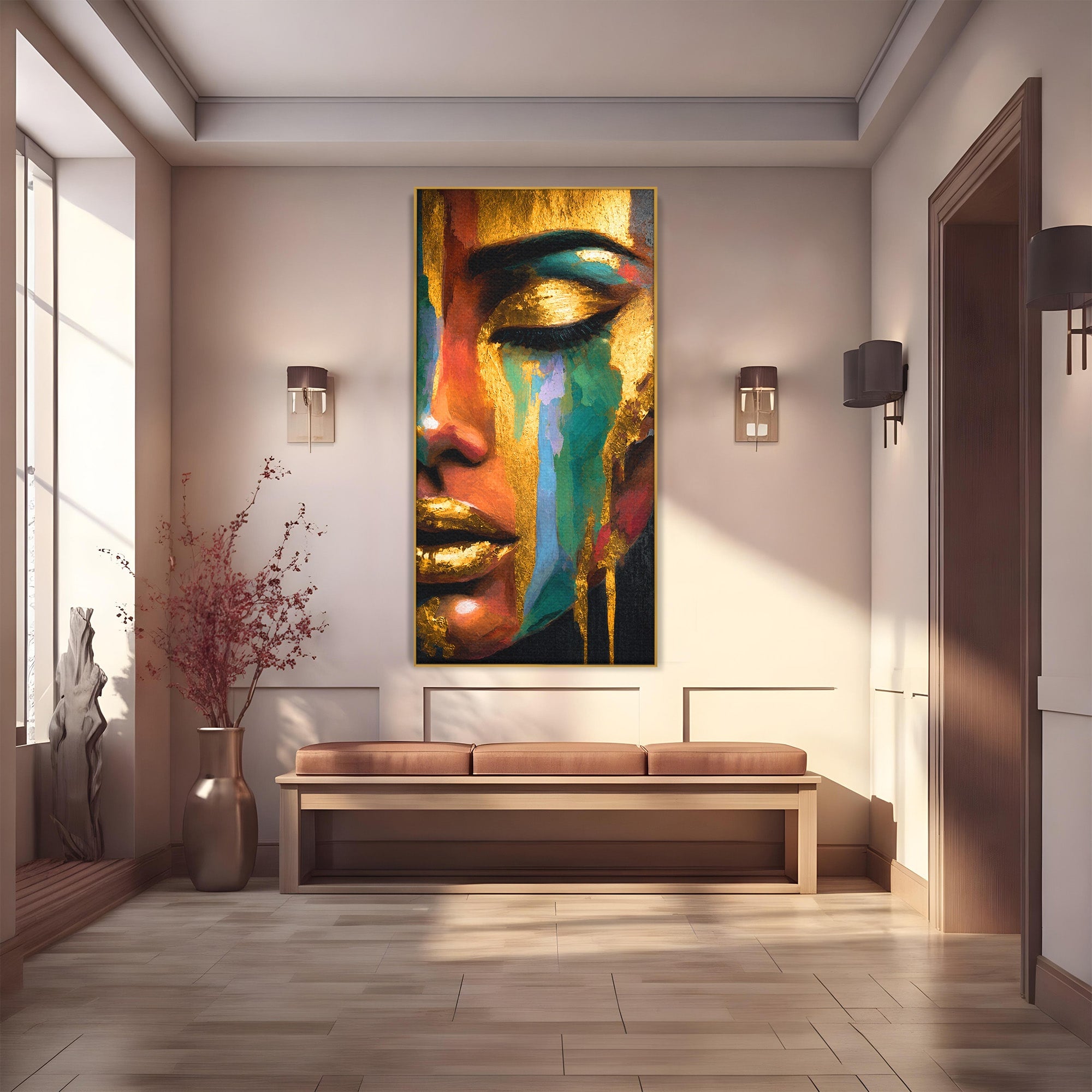Tablou Canvas Premium LuxCanva® G1259, Chip De Femeie Aurit, Femeie, Portret, Arta Abstracta, Eleganta, Auriu, Dormitor, Birou, Culori Vibrante