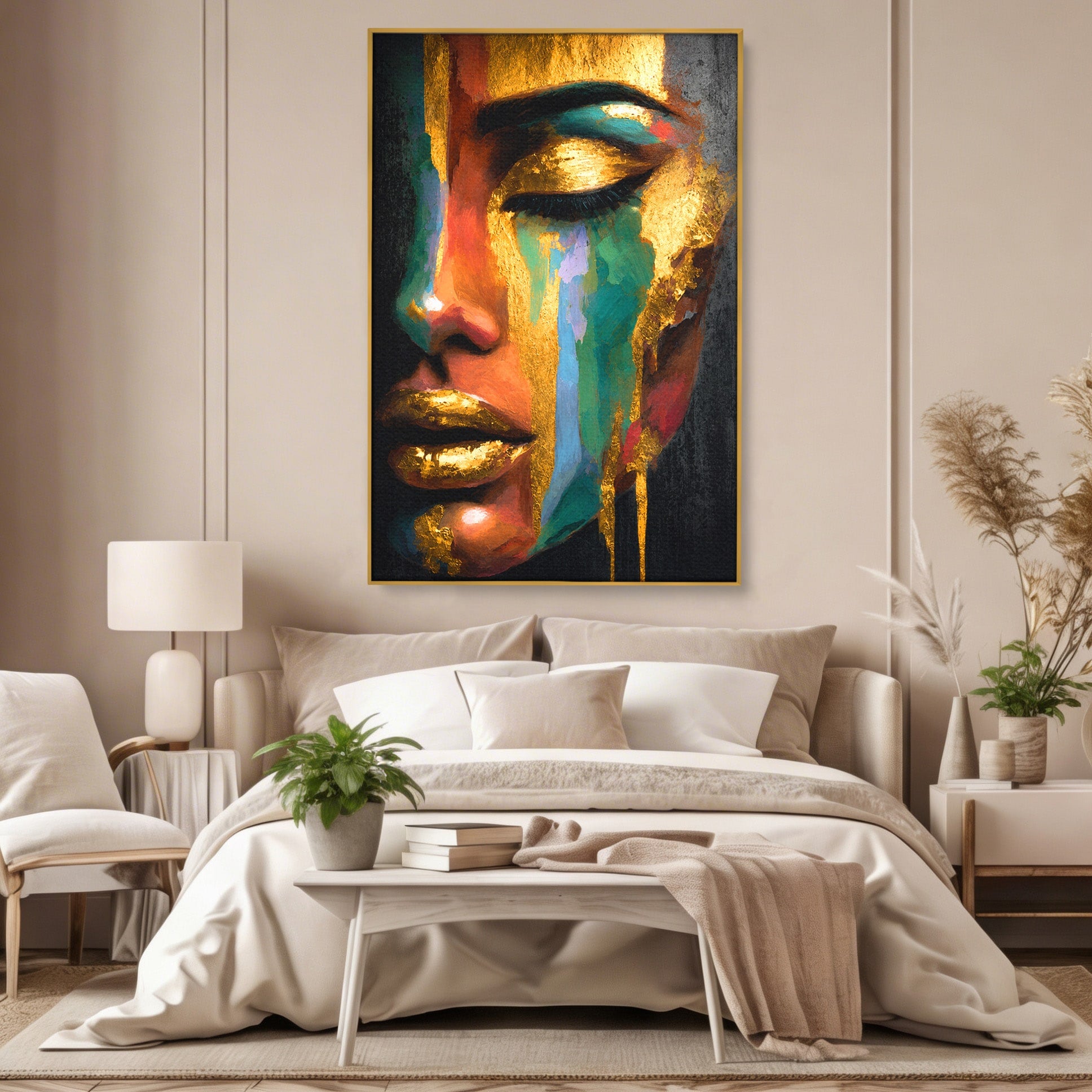 Tablou Canvas Premium LuxCanva® G1259, Chip De Femeie Aurit, Femeie, Portret, Arta Abstracta, Eleganta, Auriu, Dormitor, Birou, Culori Vibrante