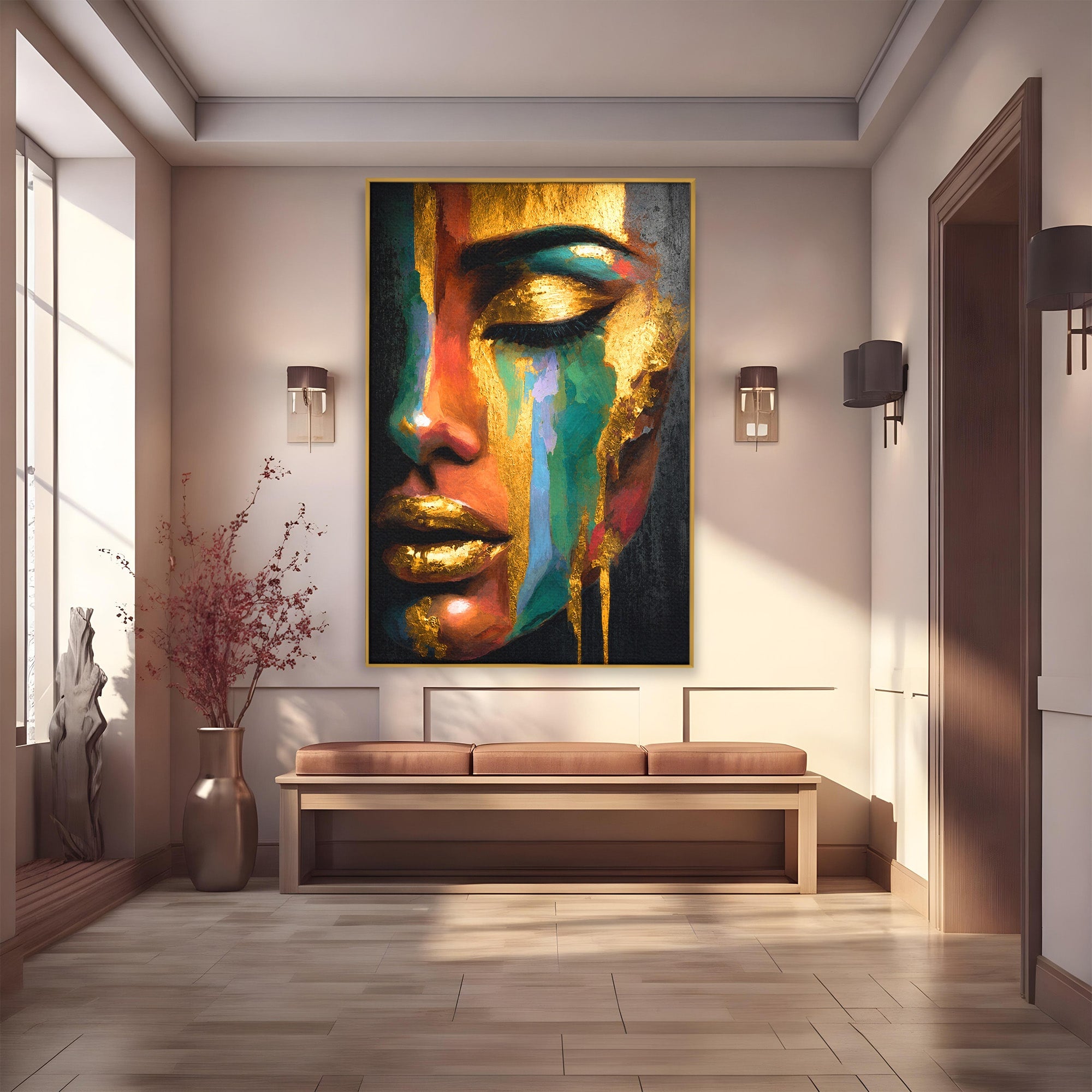 Tablou Canvas Premium LuxCanva® G1259, Chip De Femeie Aurit, Femeie, Portret, Arta Abstracta, Eleganta, Auriu, Dormitor, Birou, Culori Vibrante