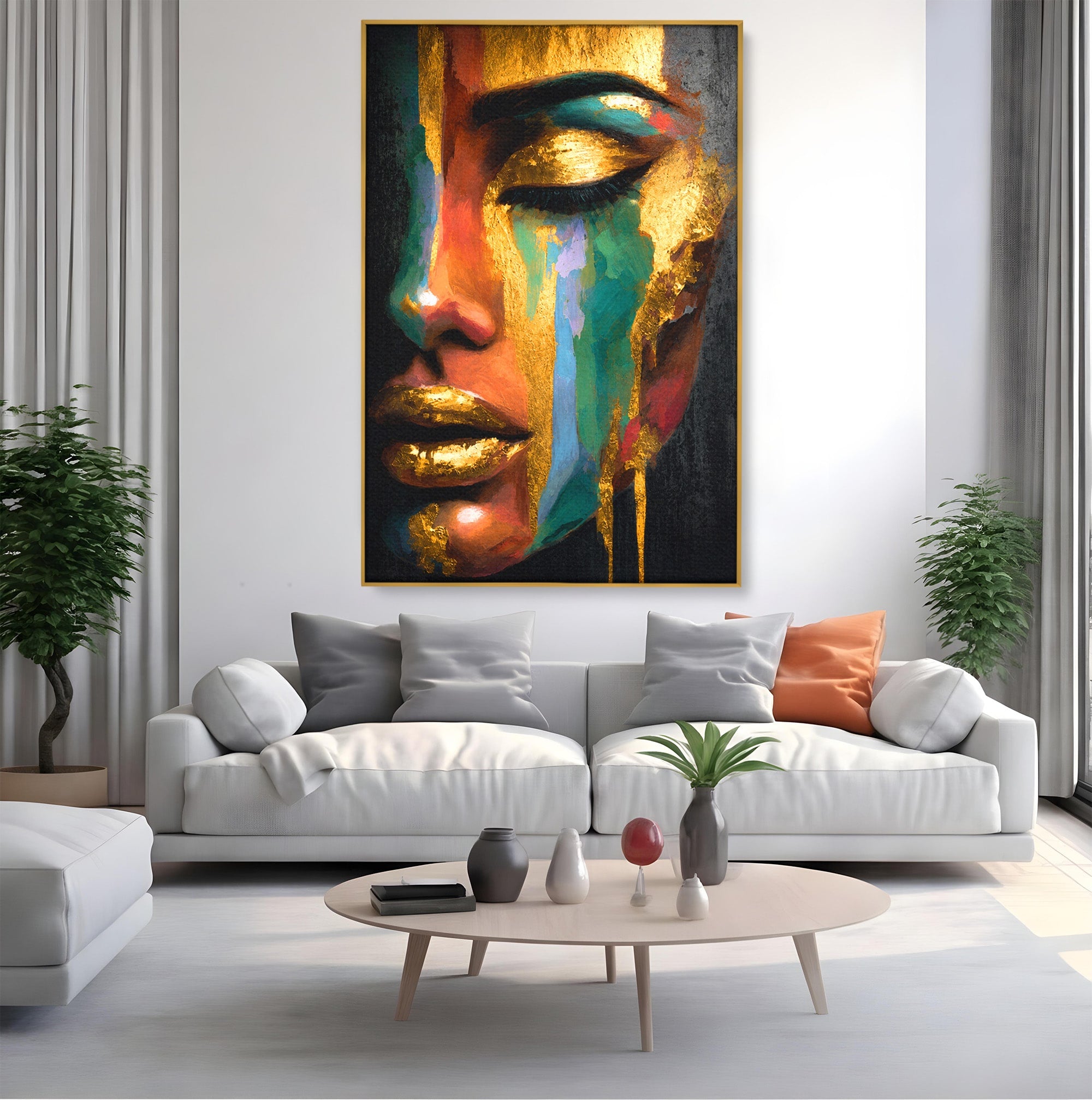 Tablou Canvas Premium LuxCanva® G1259, Chip De Femeie Aurit, Femeie, Portret, Arta Abstracta, Eleganta, Auriu, Dormitor, Birou, Culori Vibrante