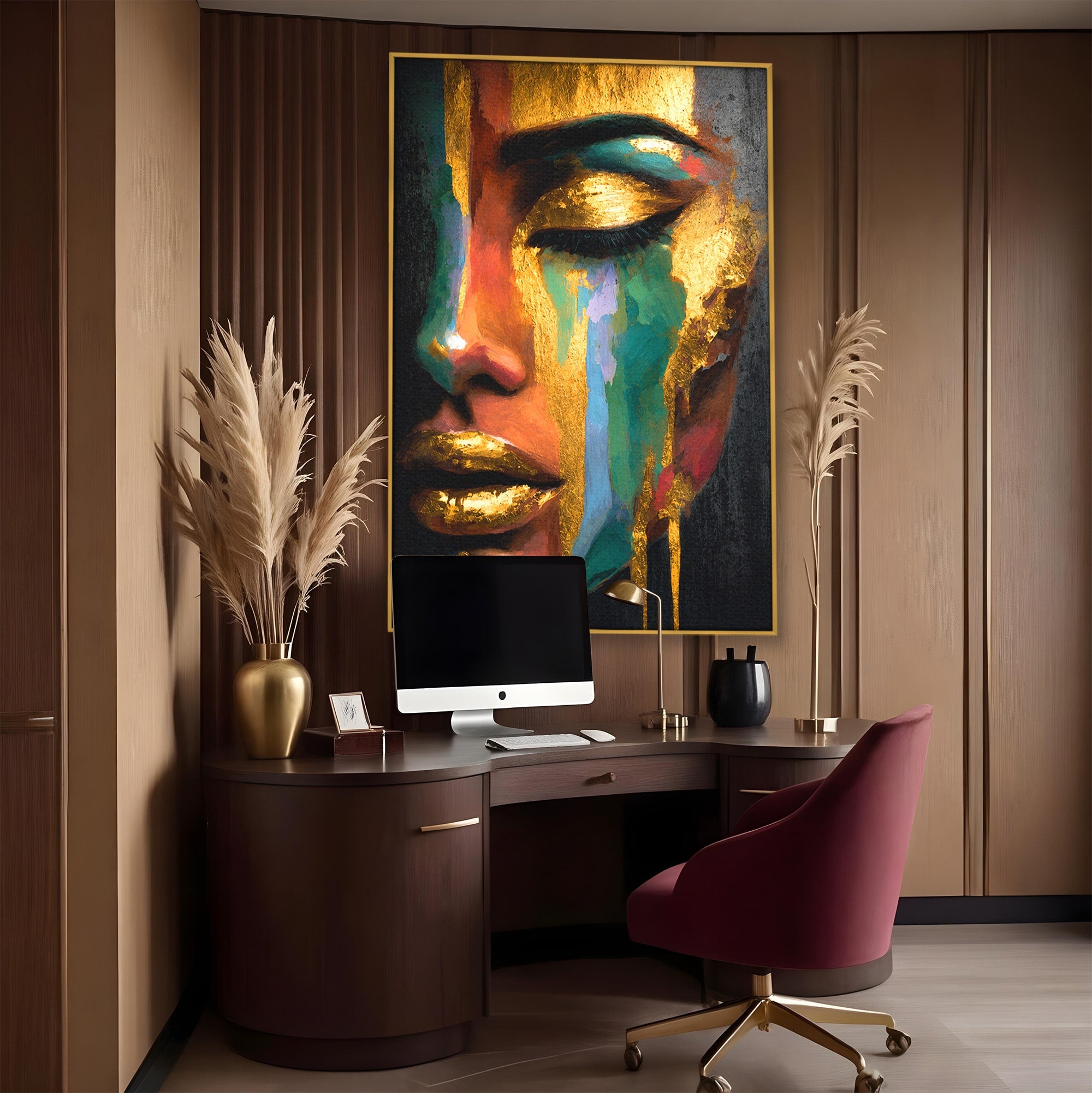 Tablou Canvas Premium LuxCanva® G1259, Chip De Femeie Aurit, Femeie, Portret, Arta Abstracta, Eleganta, Auriu, Dormitor, Birou, Culori Vibrante