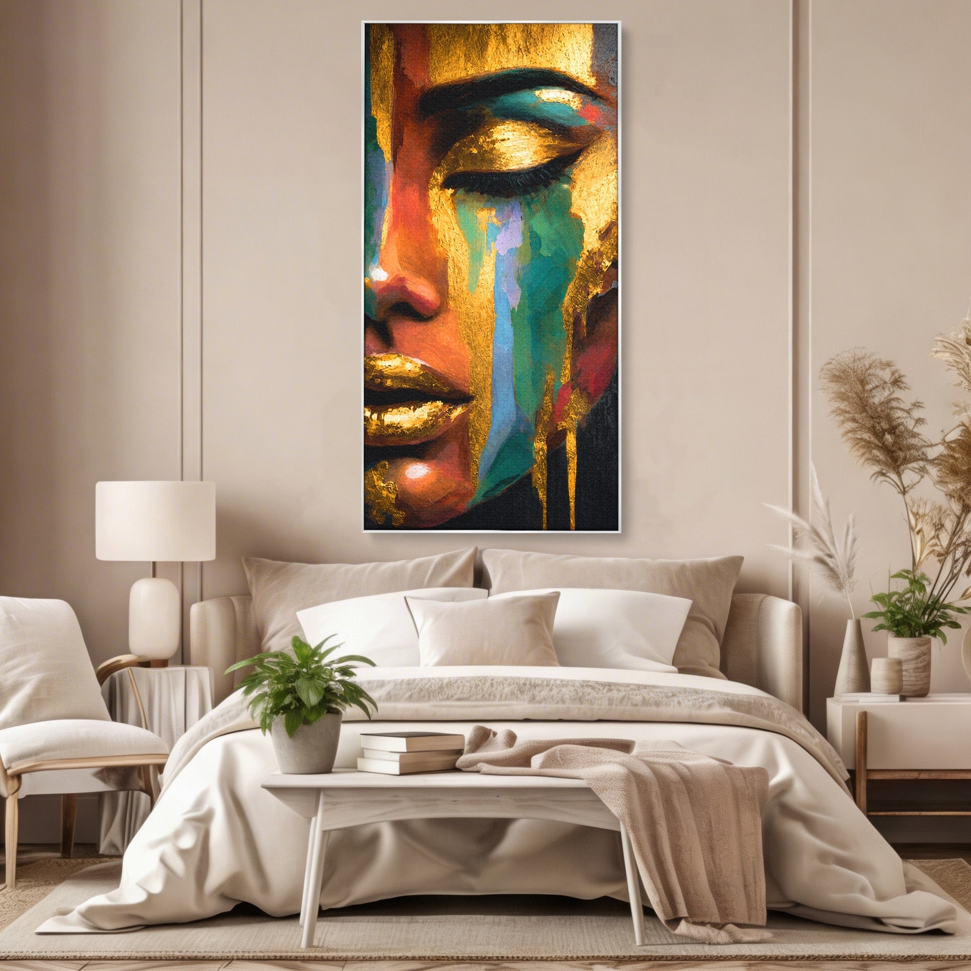 Tablou Canvas Premium LuxCanva® G1259, Chip De Femeie Aurit, Femeie, Portret, Arta Abstracta, Eleganta, Auriu, Dormitor, Birou, Culori Vibrante