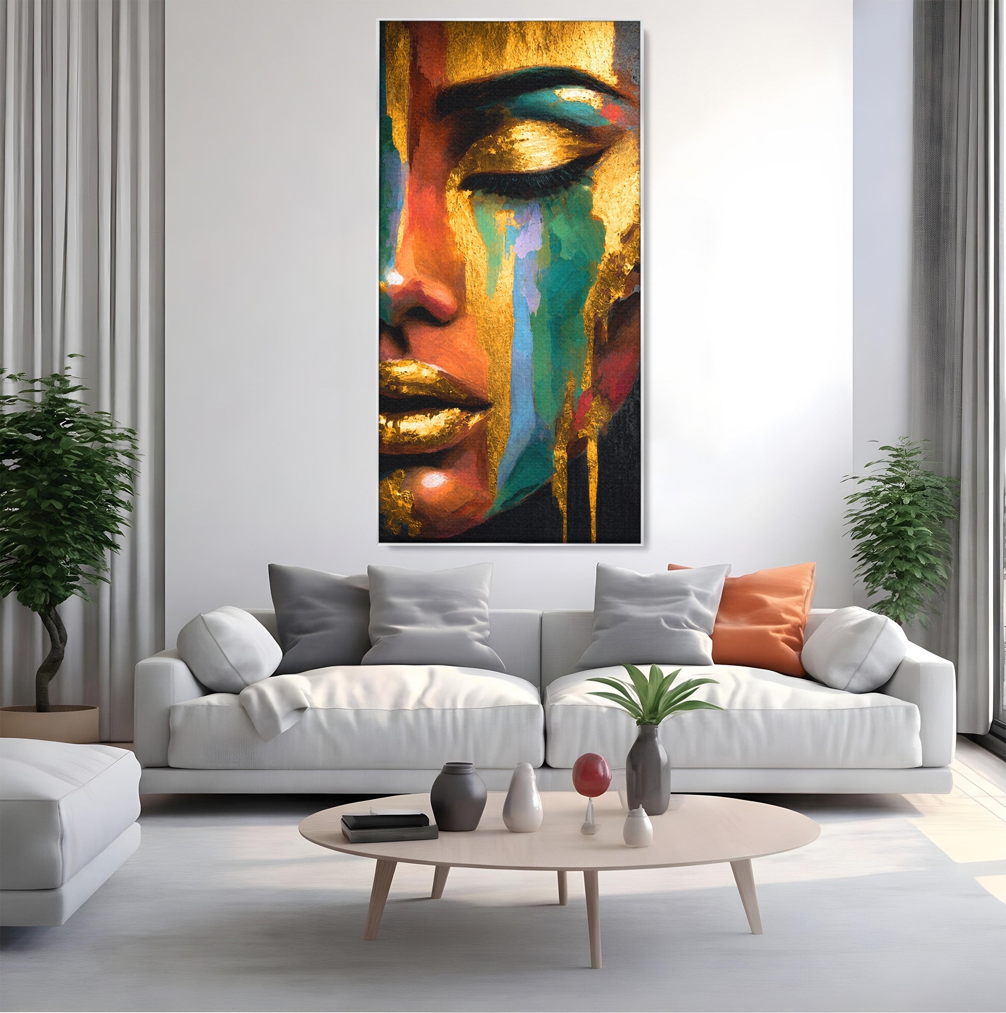 Tablou Canvas Premium LuxCanva® G1259, Chip De Femeie Aurit, Femeie, Portret, Arta Abstracta, Eleganta, Auriu, Dormitor, Birou, Culori Vibrante