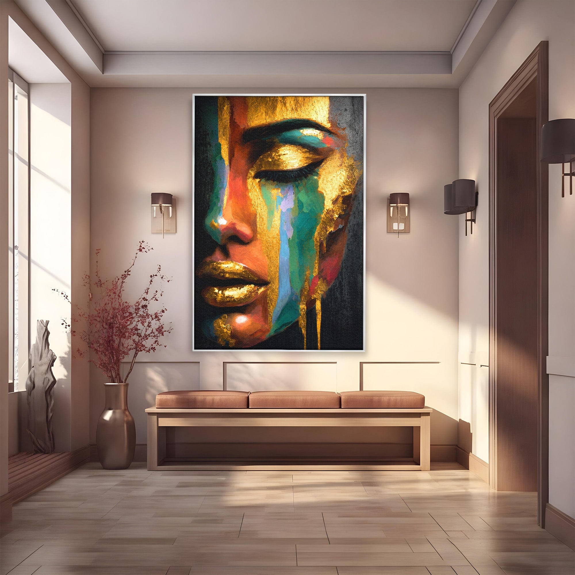 Tablou Canvas Premium LuxCanva® G1259, Chip De Femeie Aurit, Femeie, Portret, Arta Abstracta, Eleganta, Auriu, Dormitor, Birou, Culori Vibrante