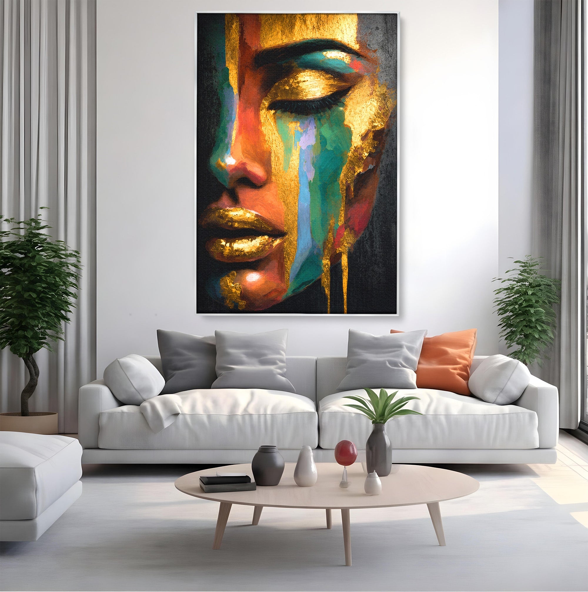 Tablou Canvas Premium LuxCanva® G1259, Chip De Femeie Aurit, Femeie, Portret, Arta Abstracta, Eleganta, Auriu, Dormitor, Birou, Culori Vibrante