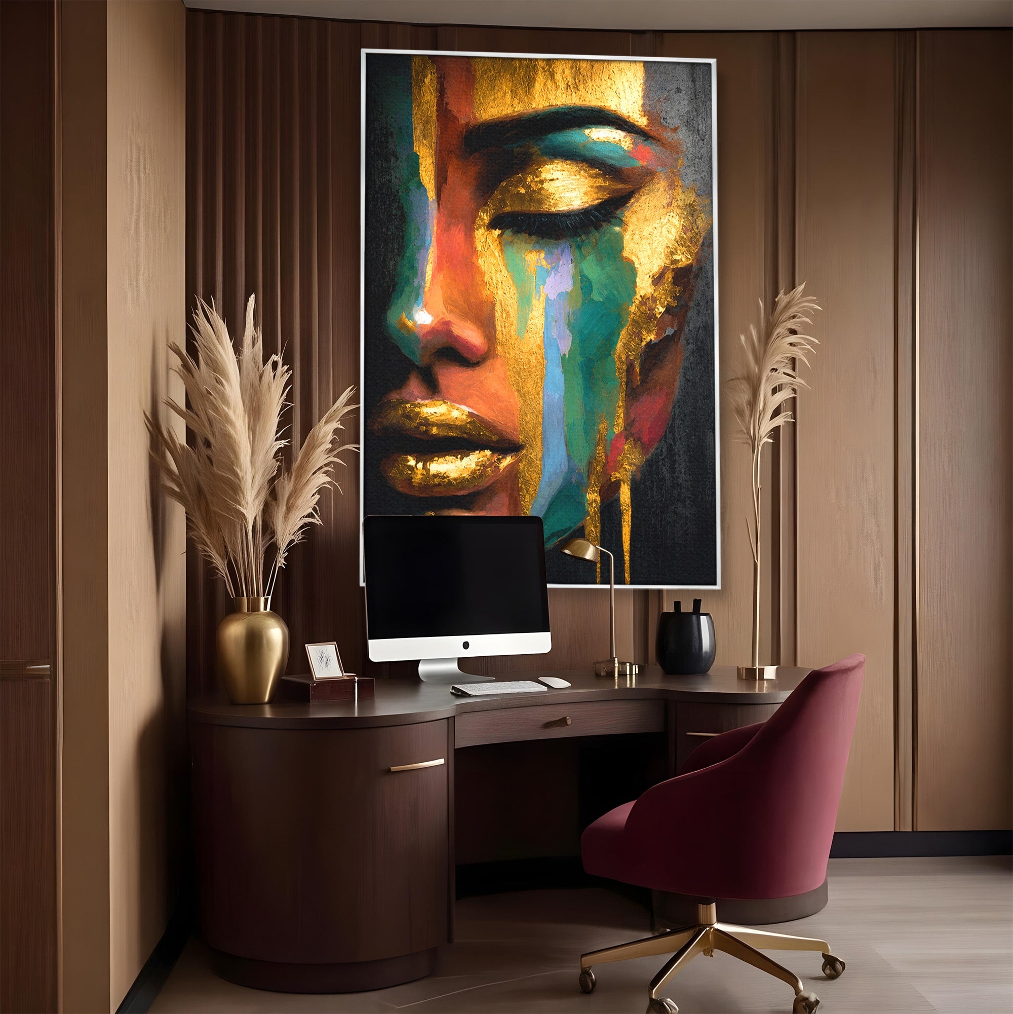 Tablou Canvas Premium LuxCanva® G1259, Chip De Femeie Aurit, Femeie, Portret, Arta Abstracta, Eleganta, Auriu, Dormitor, Birou, Culori Vibrante
