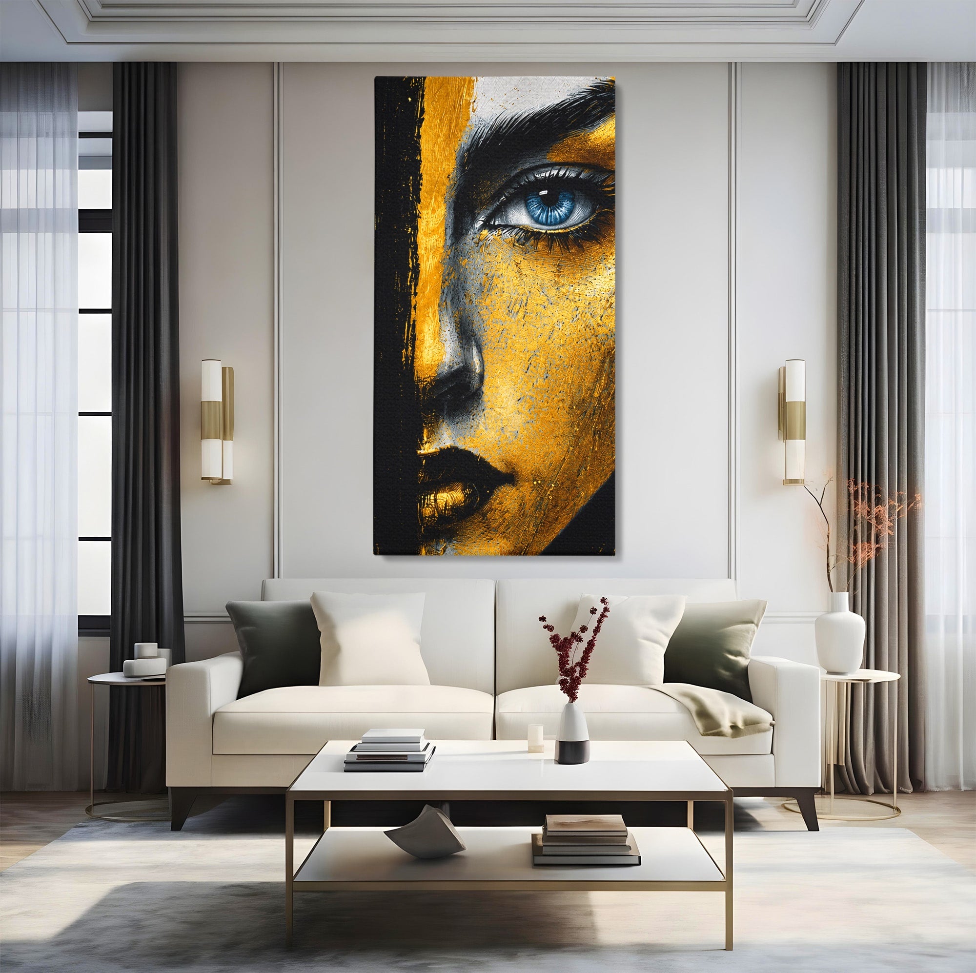 Tablou Canvas Premium LuxCanva® G1260, Privire Aurie, Portret, Fata, Arta Abstracta, Mister, Dormitor, Culori Vibrante
