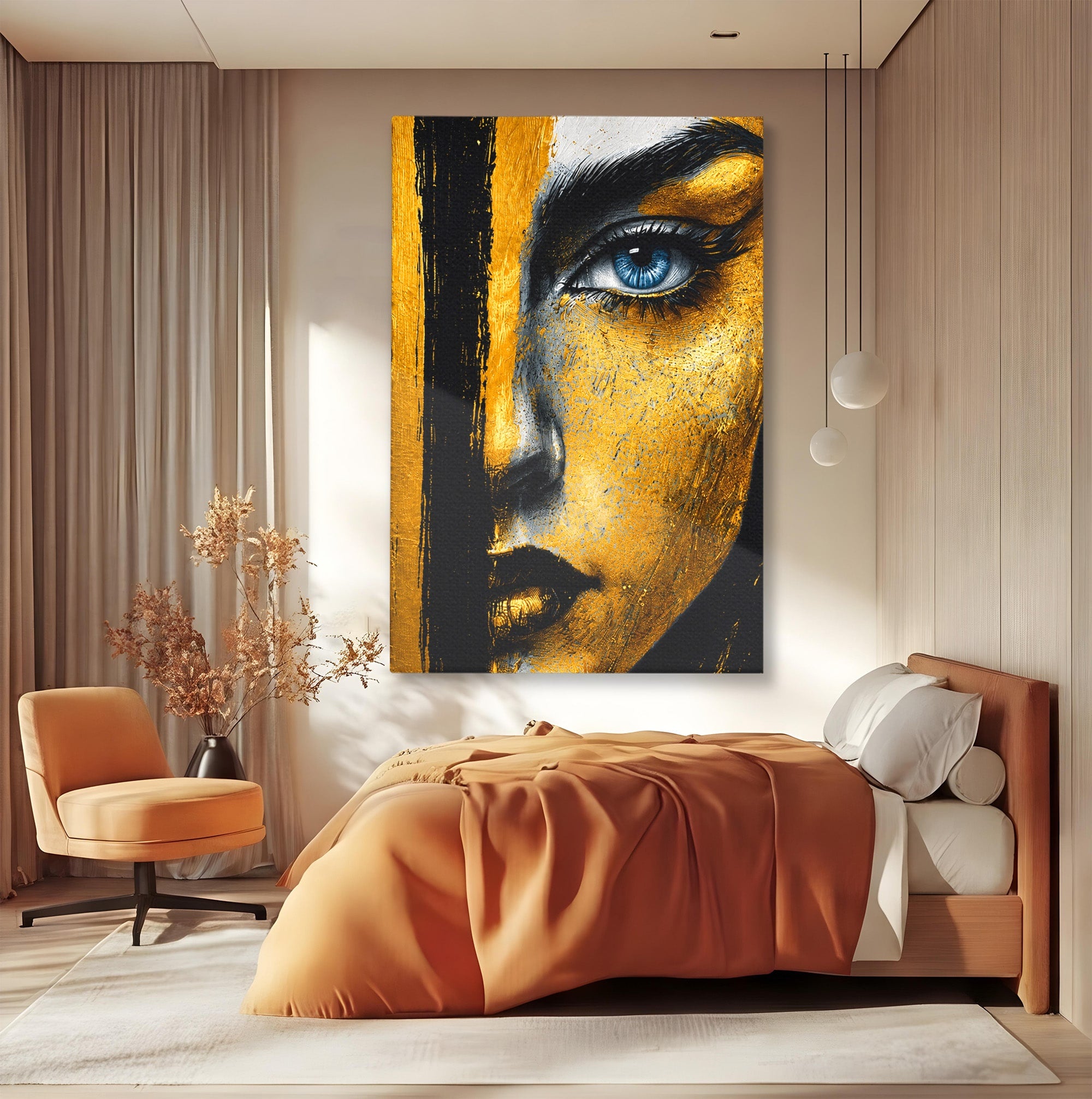 Tablou Canvas Premium LuxCanva® G1260, Privire Aurie, Portret, Fata, Arta Abstracta, Mister, Dormitor, Culori Vibrante