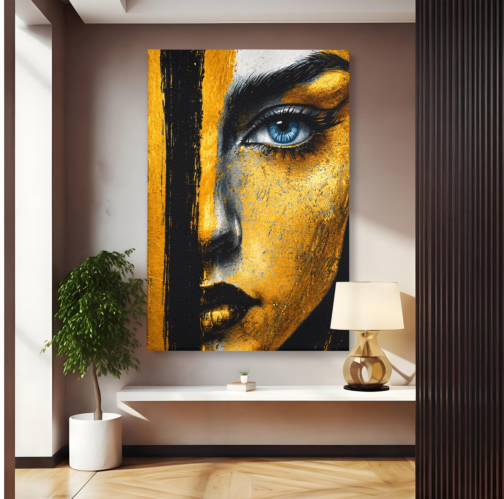Tablou Canvas Premium LuxCanva® G1260, Privire Aurie, Portret, Fata, Arta Abstracta, Mister, Dormitor, Culori Vibrante