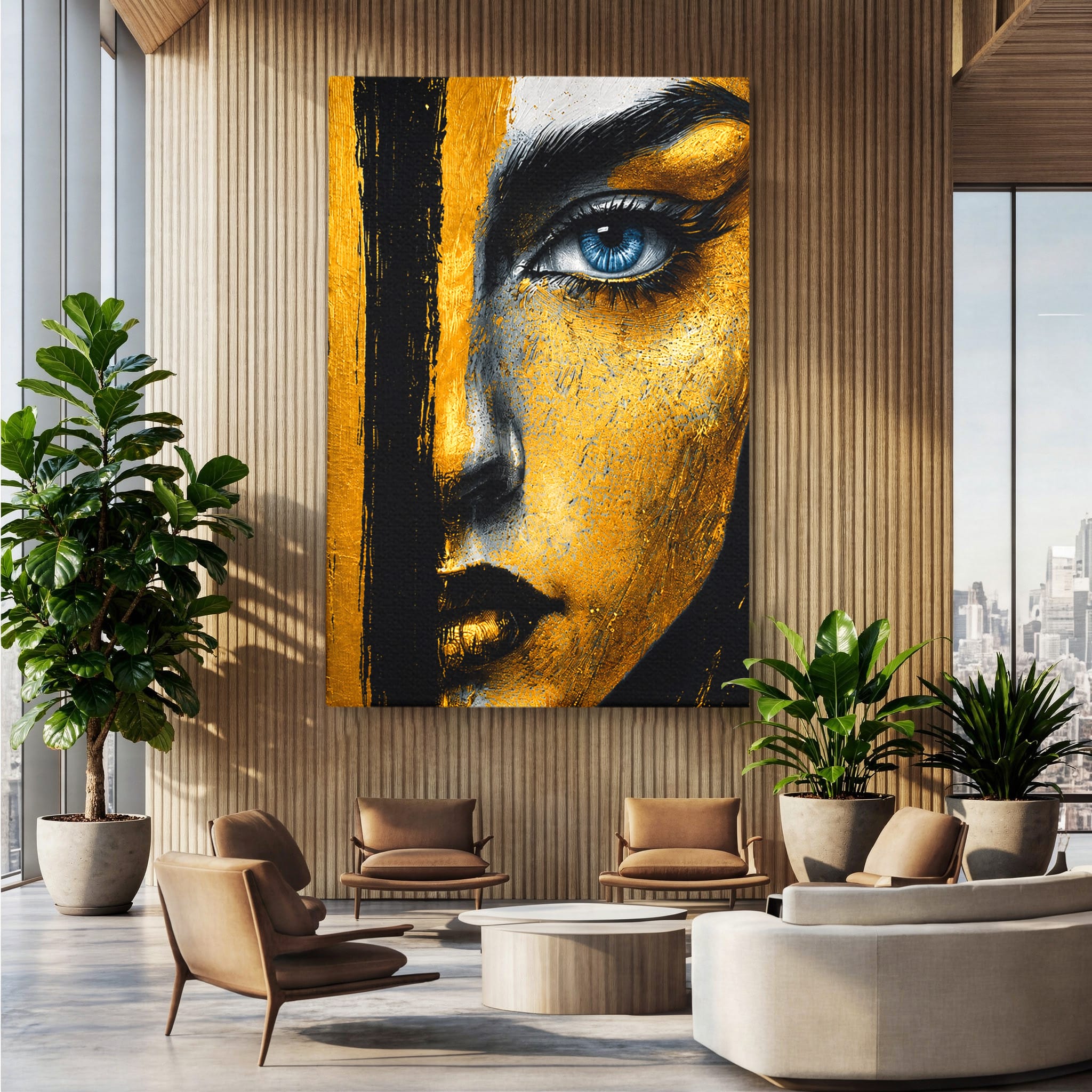 Tablou Canvas Premium LuxCanva® G1260, Privire Aurie, Portret, Fata, Arta Abstracta, Mister, Dormitor, Culori Vibrante