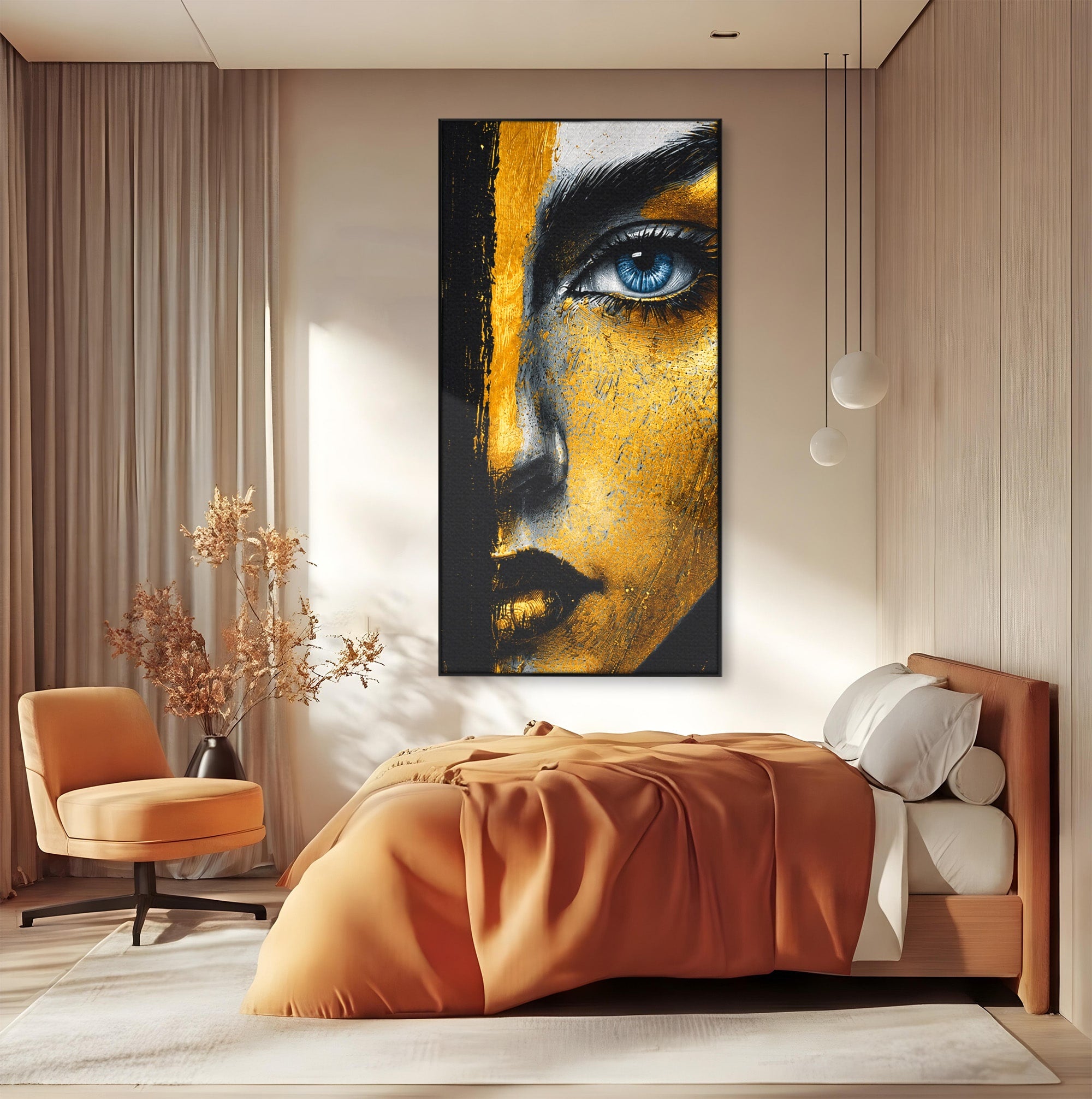 Tablou Canvas Premium LuxCanva® G1260, Privire Aurie, Portret, Fata, Arta Abstracta, Mister, Dormitor, Culori Vibrante