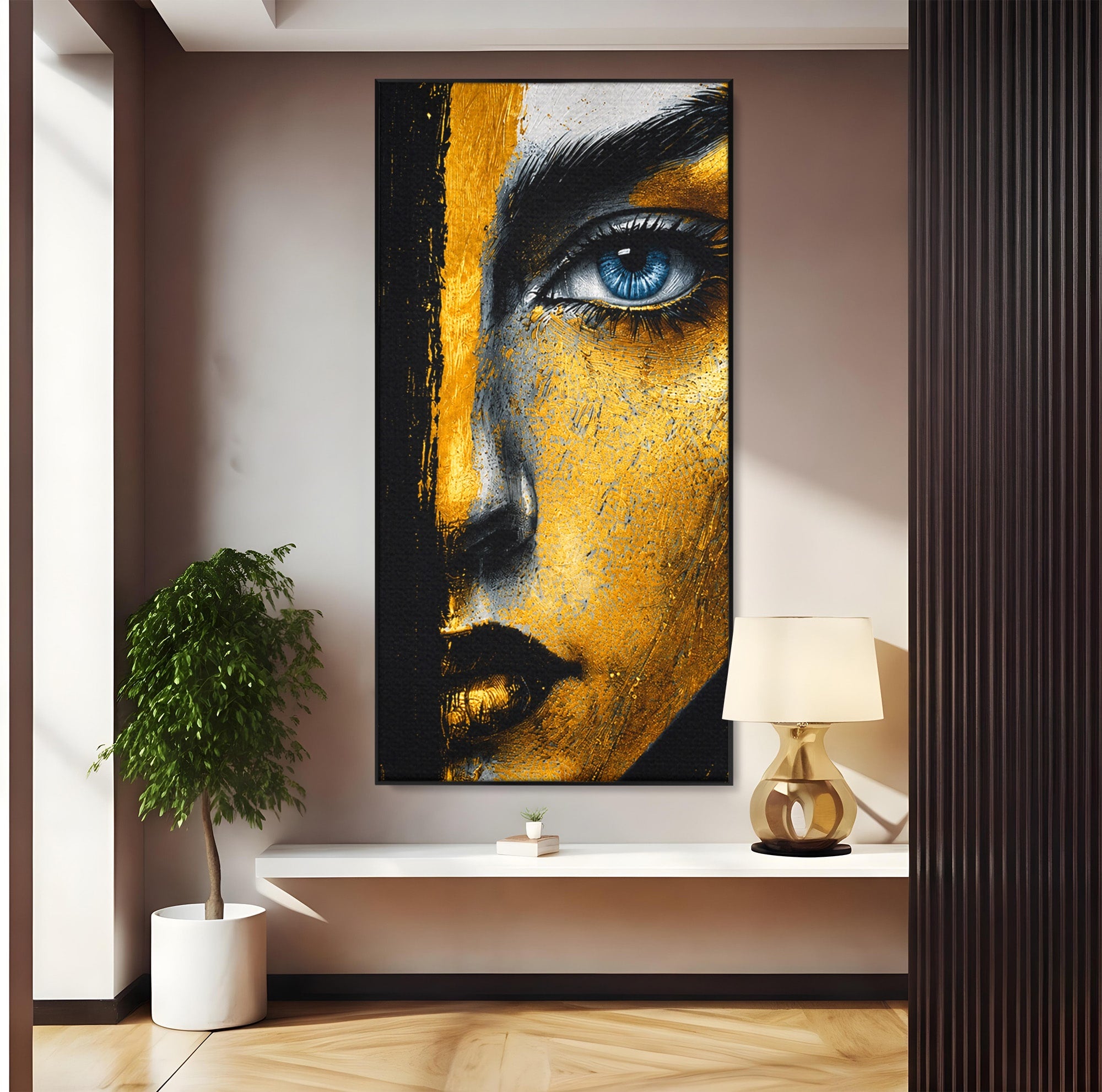 Tablou Canvas Premium LuxCanva® G1260, Privire Aurie, Portret, Fata, Arta Abstracta, Mister, Dormitor, Culori Vibrante