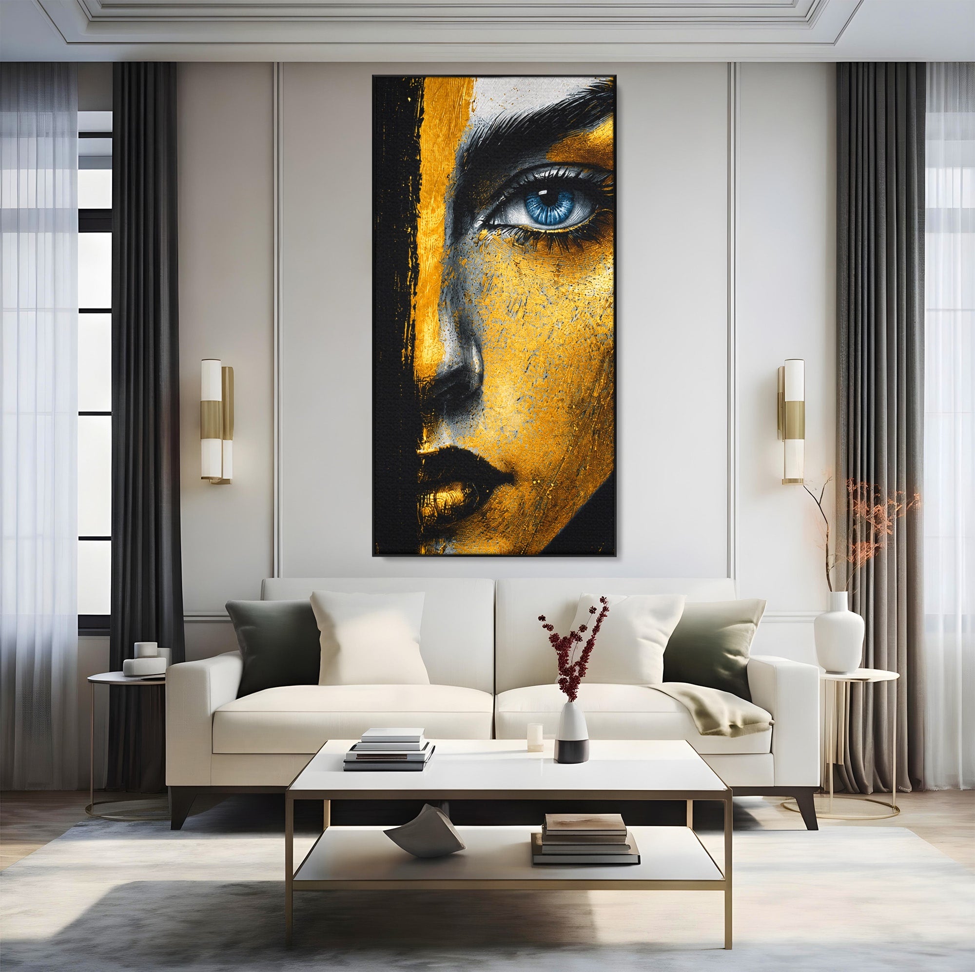 Tablou Canvas Premium LuxCanva® G1260, Privire Aurie, Portret, Fata, Arta Abstracta, Mister, Dormitor, Culori Vibrante