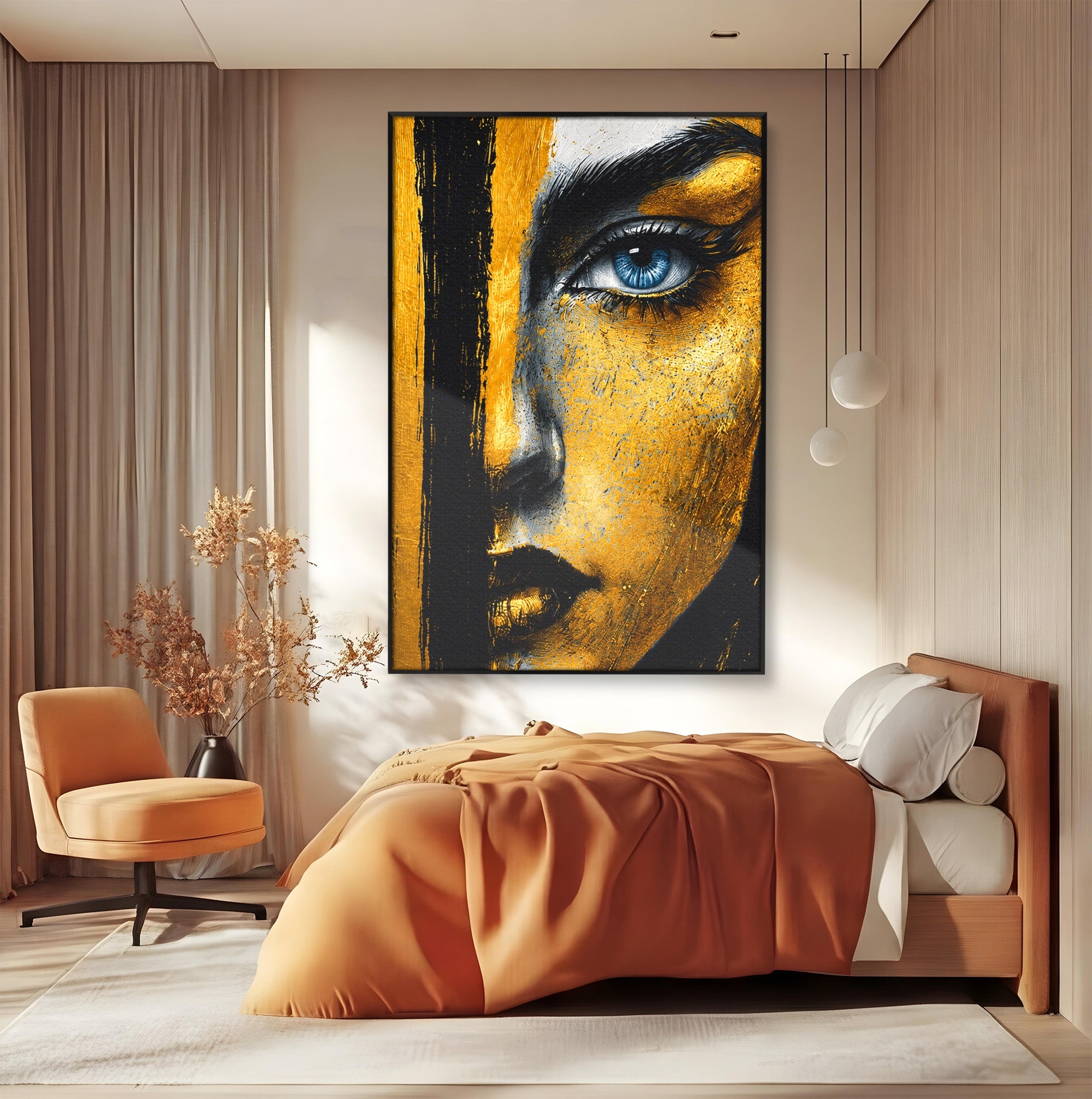 Tablou Canvas Premium LuxCanva® G1260, Privire Aurie, Portret, Fata, Arta Abstracta, Mister, Dormitor, Culori Vibrante