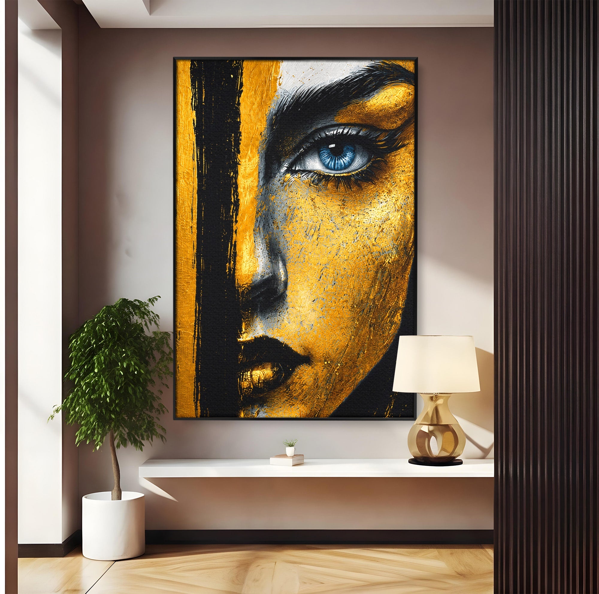 Tablou Canvas Premium LuxCanva® G1260, Privire Aurie, Portret, Fata, Arta Abstracta, Mister, Dormitor, Culori Vibrante