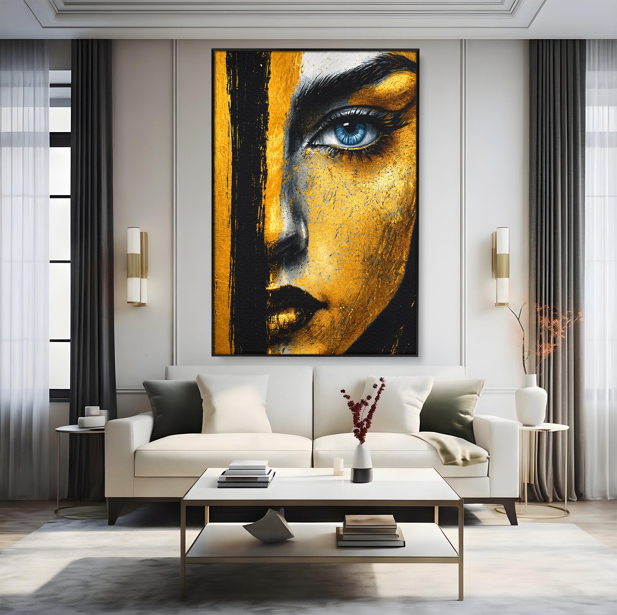 Tablou Canvas Premium LuxCanva® G1260, Privire Aurie, Portret, Fata, Arta Abstracta, Mister, Dormitor, Culori Vibrante