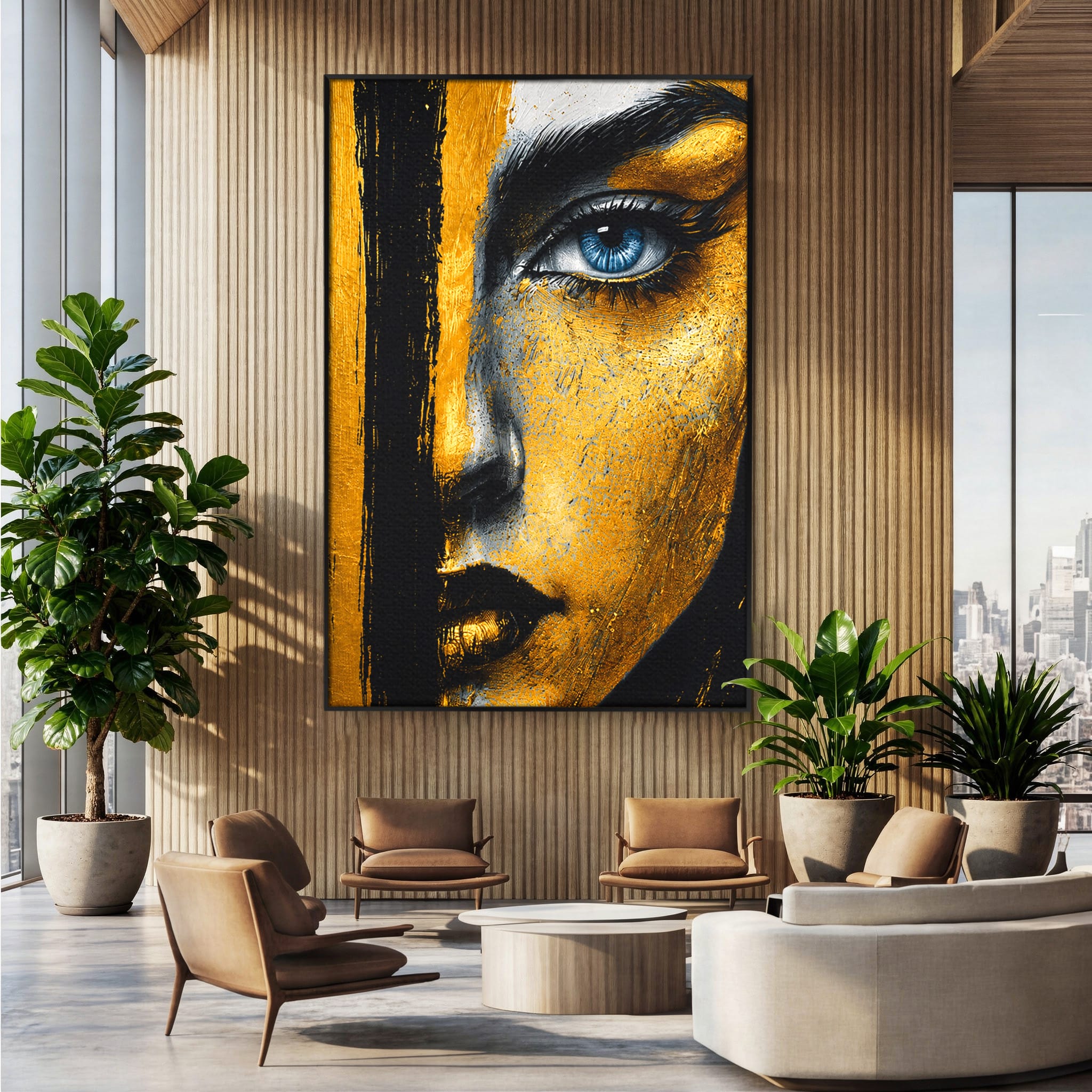 Tablou Canvas Premium LuxCanva® G1260, Privire Aurie, Portret, Fata, Arta Abstracta, Mister, Dormitor, Culori Vibrante