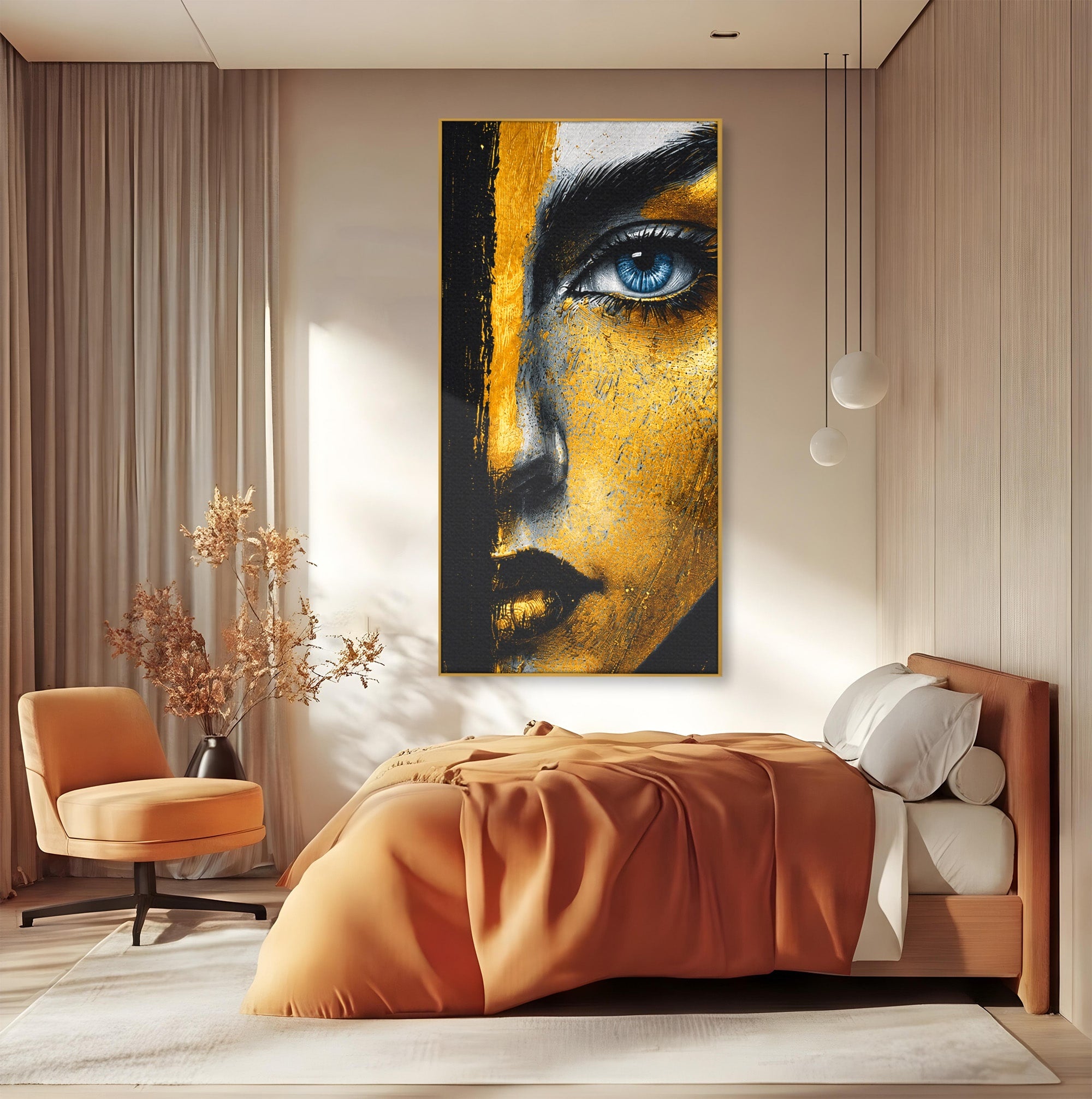Tablou Canvas Premium LuxCanva® G1260, Privire Aurie, Portret, Fata, Arta Abstracta, Mister, Dormitor, Culori Vibrante