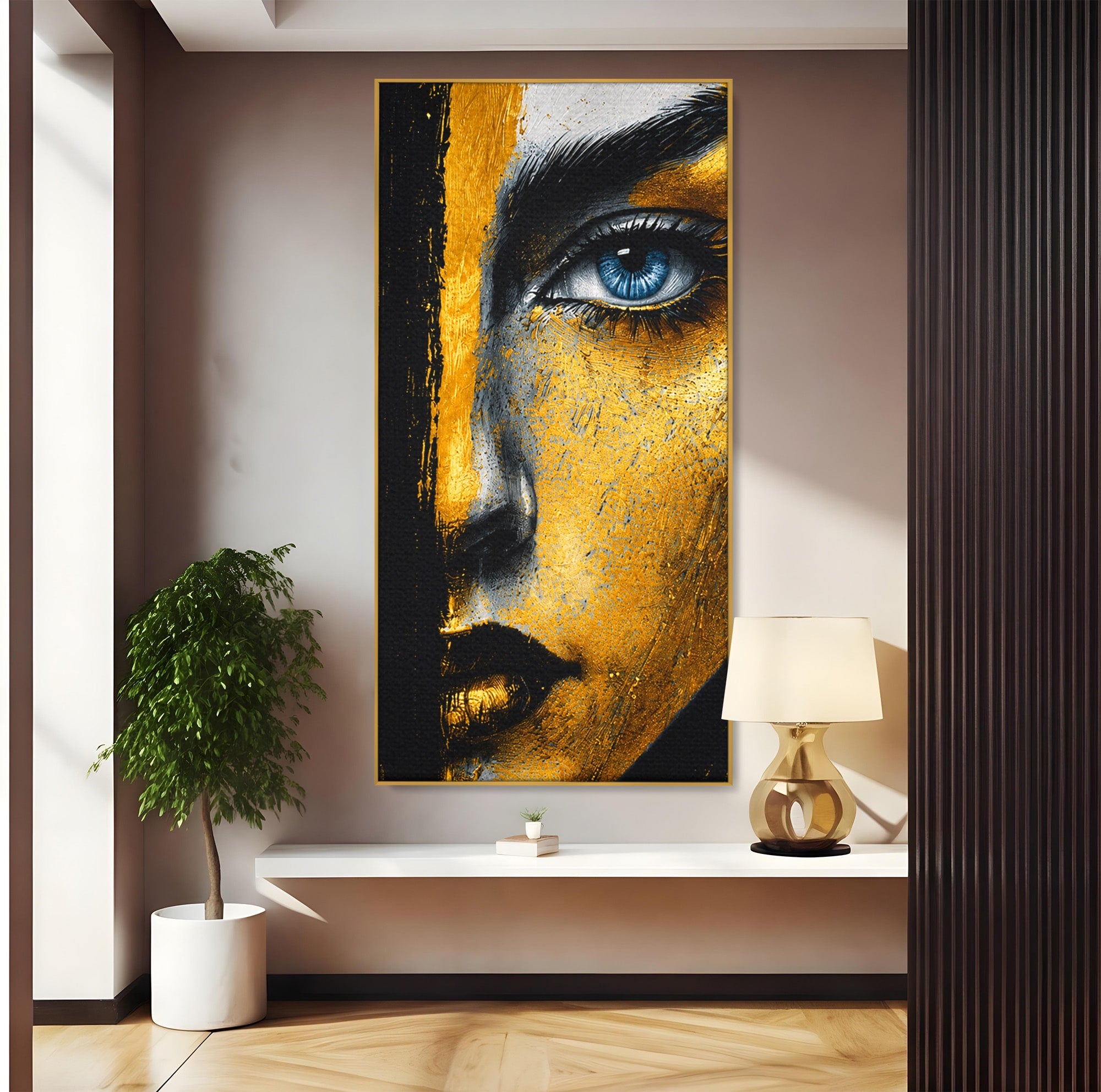 Tablou Canvas Premium LuxCanva® G1260, Privire Aurie, Portret, Fata, Arta Abstracta, Mister, Dormitor, Culori Vibrante