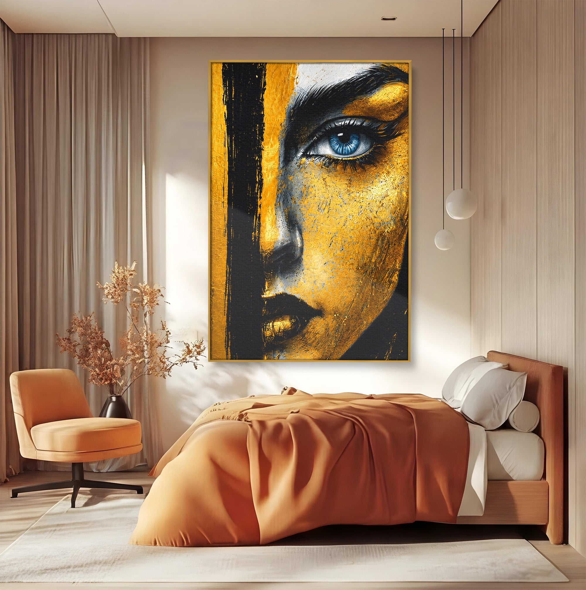 Tablou Canvas Premium LuxCanva® G1260, Privire Aurie, Portret, Fata, Arta Abstracta, Mister, Dormitor, Culori Vibrante