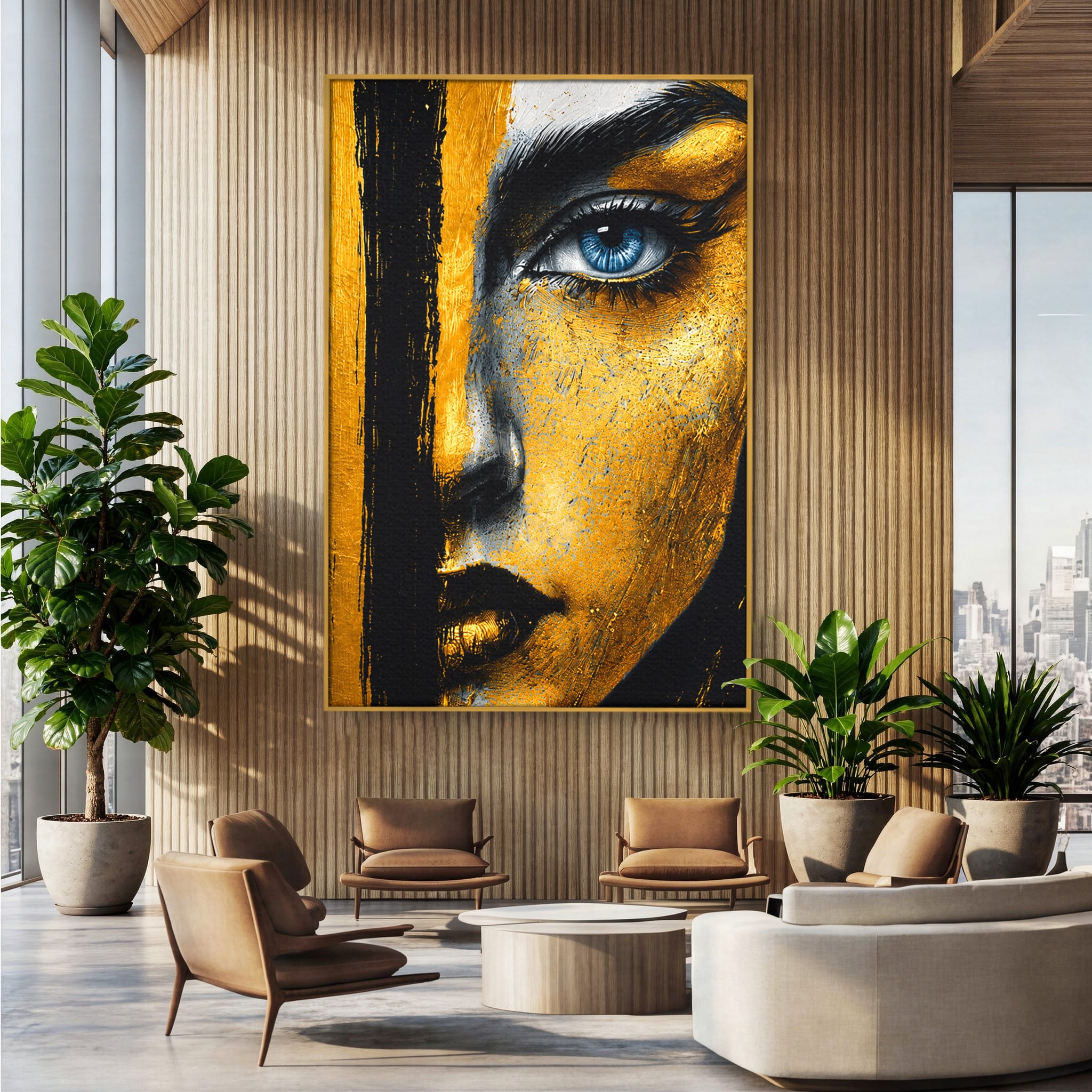 Tablou Canvas Premium LuxCanva® G1260, Privire Aurie, Portret, Fata, Arta Abstracta, Mister, Dormitor, Culori Vibrante