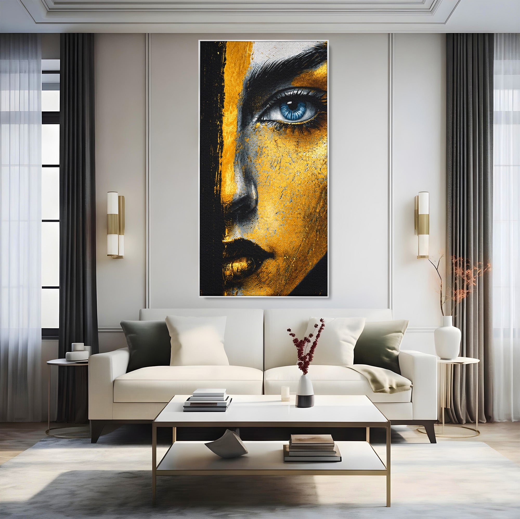 Tablou Canvas Premium LuxCanva® G1260, Privire Aurie, Portret, Fata, Arta Abstracta, Mister, Dormitor, Culori Vibrante