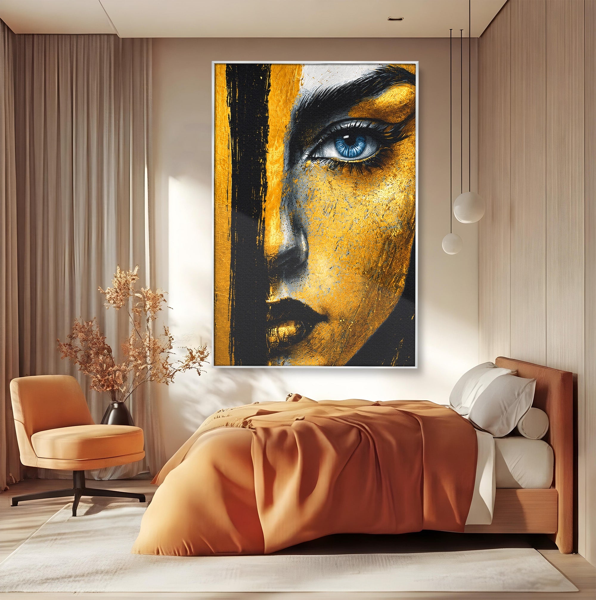 Tablou Canvas Premium LuxCanva® G1260, Privire Aurie, Portret, Fata, Arta Abstracta, Mister, Dormitor, Culori Vibrante
