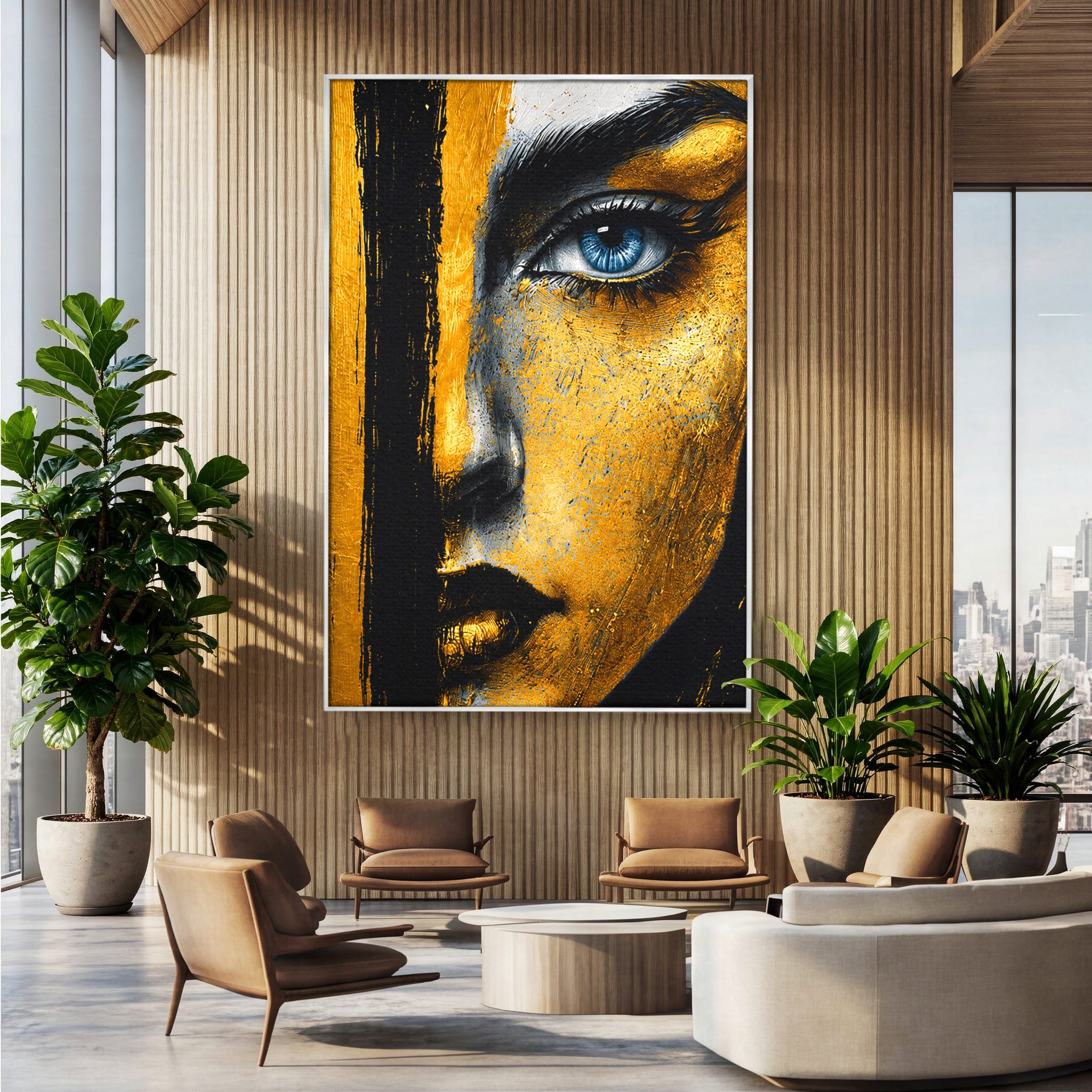 Tablou Canvas Premium LuxCanva® G1260, Privire Aurie, Portret, Fata, Arta Abstracta, Mister, Dormitor, Culori Vibrante
