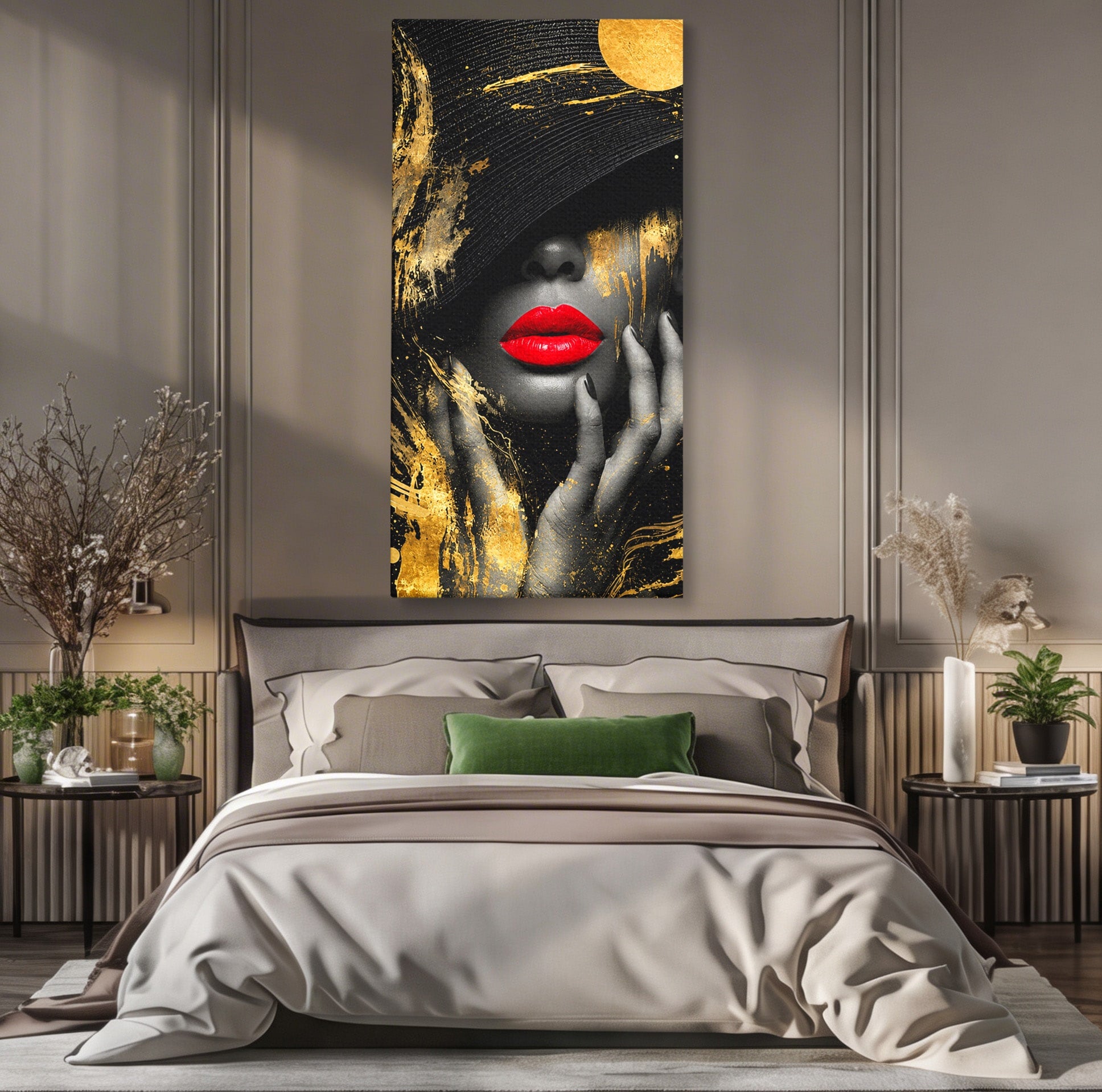 Tablou Canvas Premium LuxCanva® G1264, Eleganta Aurie, Portret, Eleganta, Modern, Femeie, Dormitor, Culori Vibrante