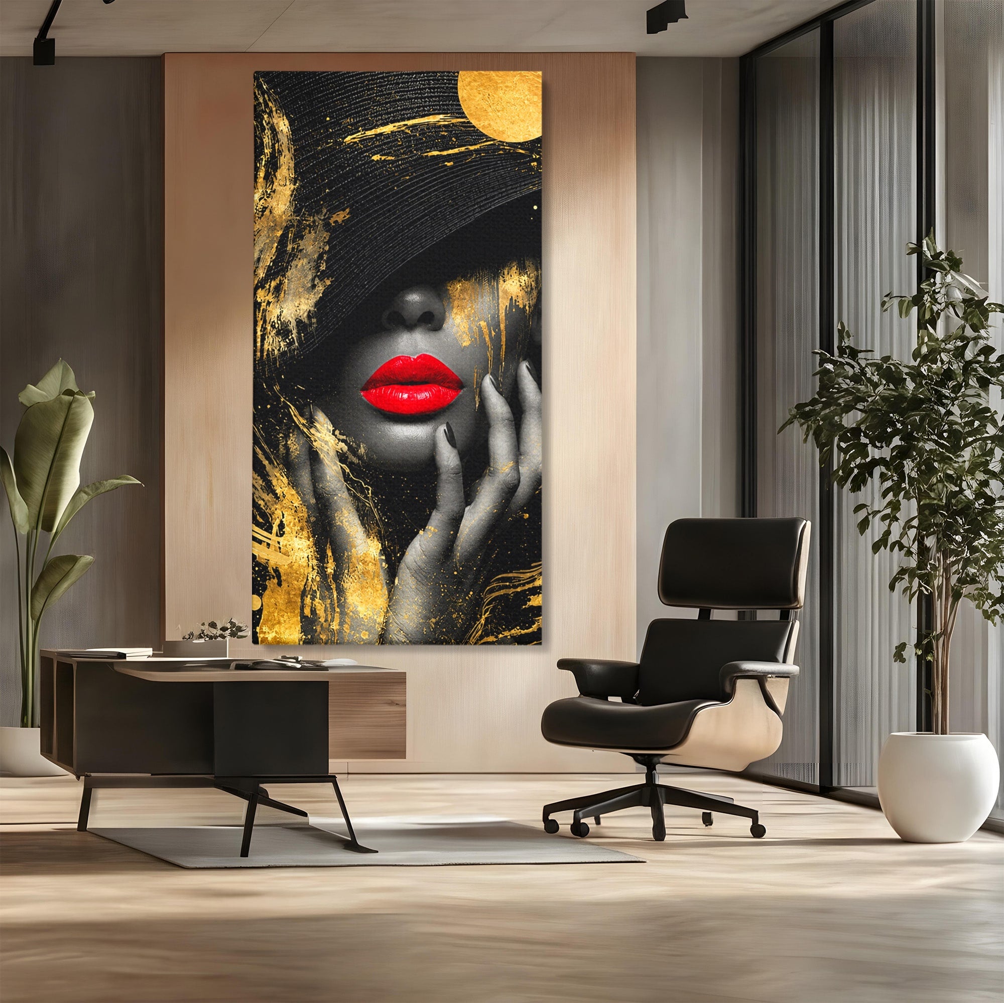 Tablou Canvas Premium LuxCanva® G1264, Eleganta Aurie, Portret, Eleganta, Modern, Femeie, Dormitor, Culori Vibrante