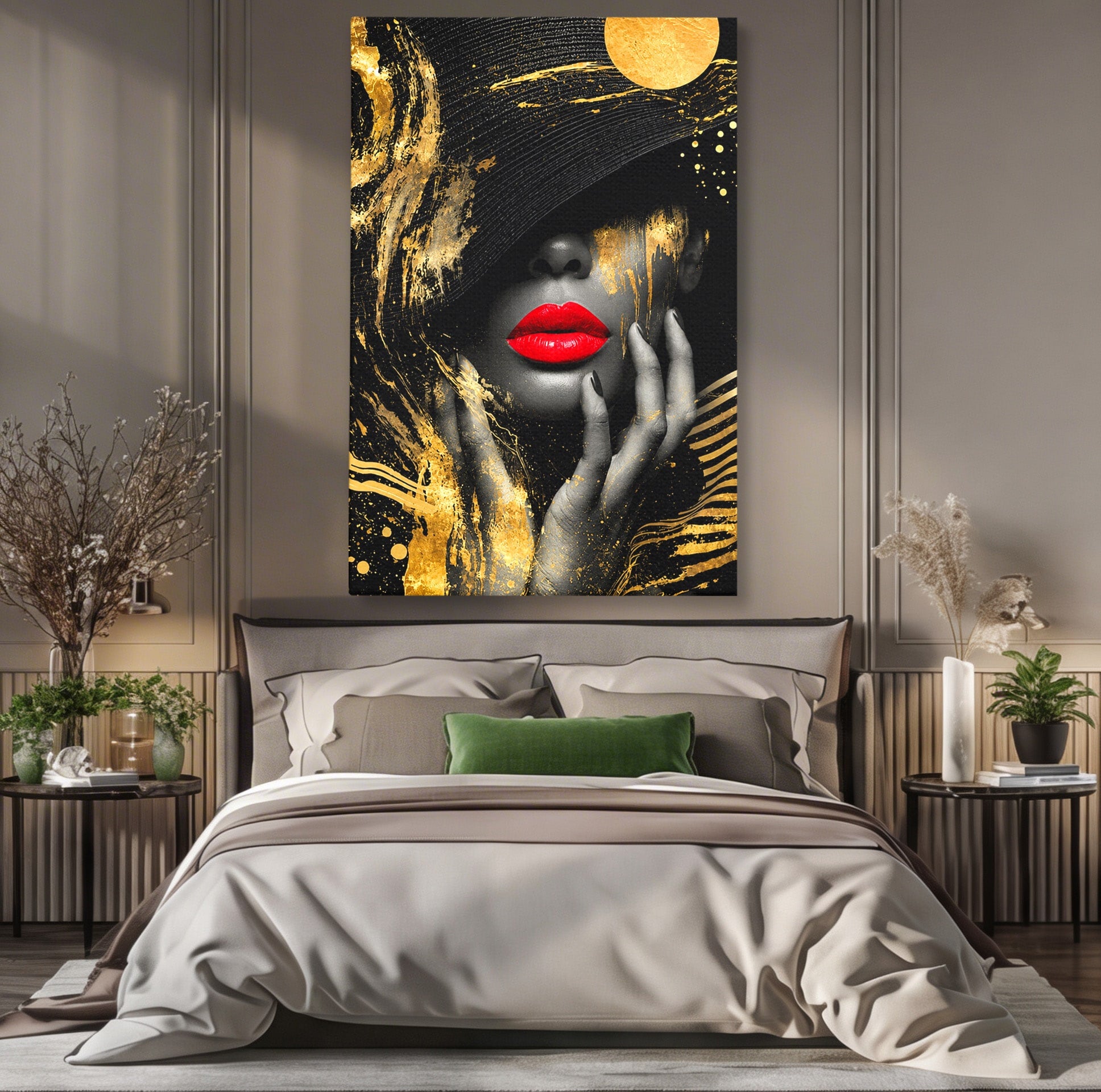 Tablou Canvas Premium LuxCanva® G1264, Eleganta Aurie, Portret, Eleganta, Modern, Femeie, Dormitor, Culori Vibrante