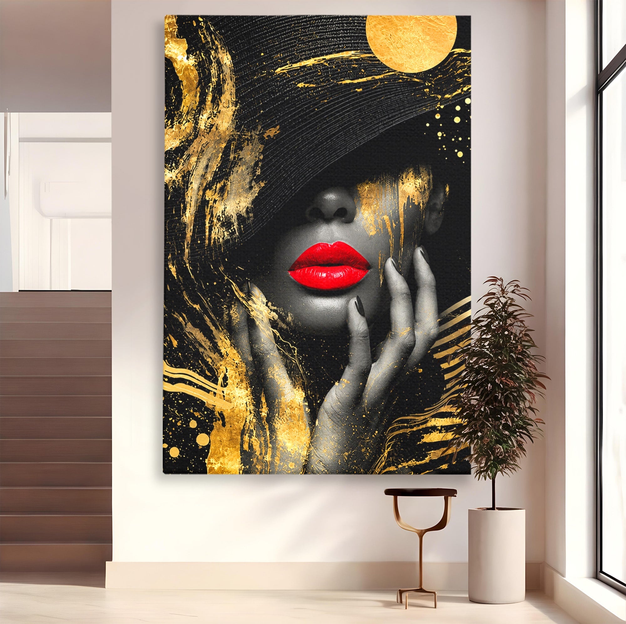 Tablou Canvas Premium LuxCanva® G1264, Eleganta Aurie, Portret, Eleganta, Modern, Femeie, Dormitor, Culori Vibrante