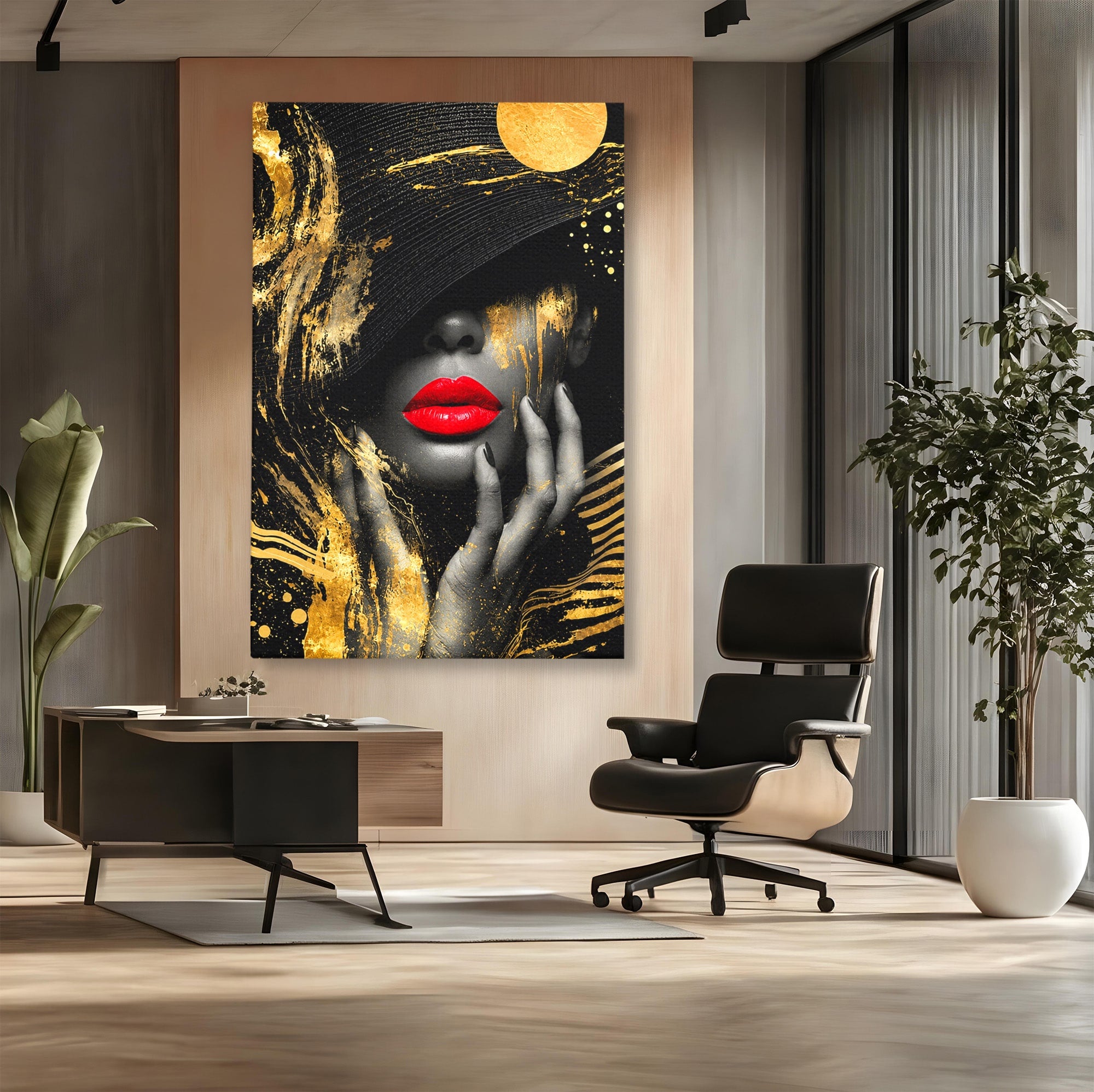 Tablou Canvas Premium LuxCanva® G1264, Eleganta Aurie, Portret, Eleganta, Modern, Femeie, Dormitor, Culori Vibrante