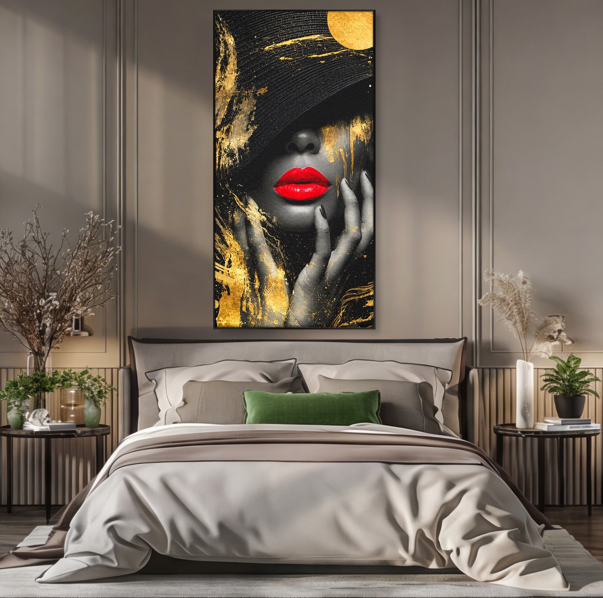 Tablou Canvas Premium LuxCanva® G1264, Eleganta Aurie, Portret, Eleganta, Modern, Femeie, Dormitor, Culori Vibrante