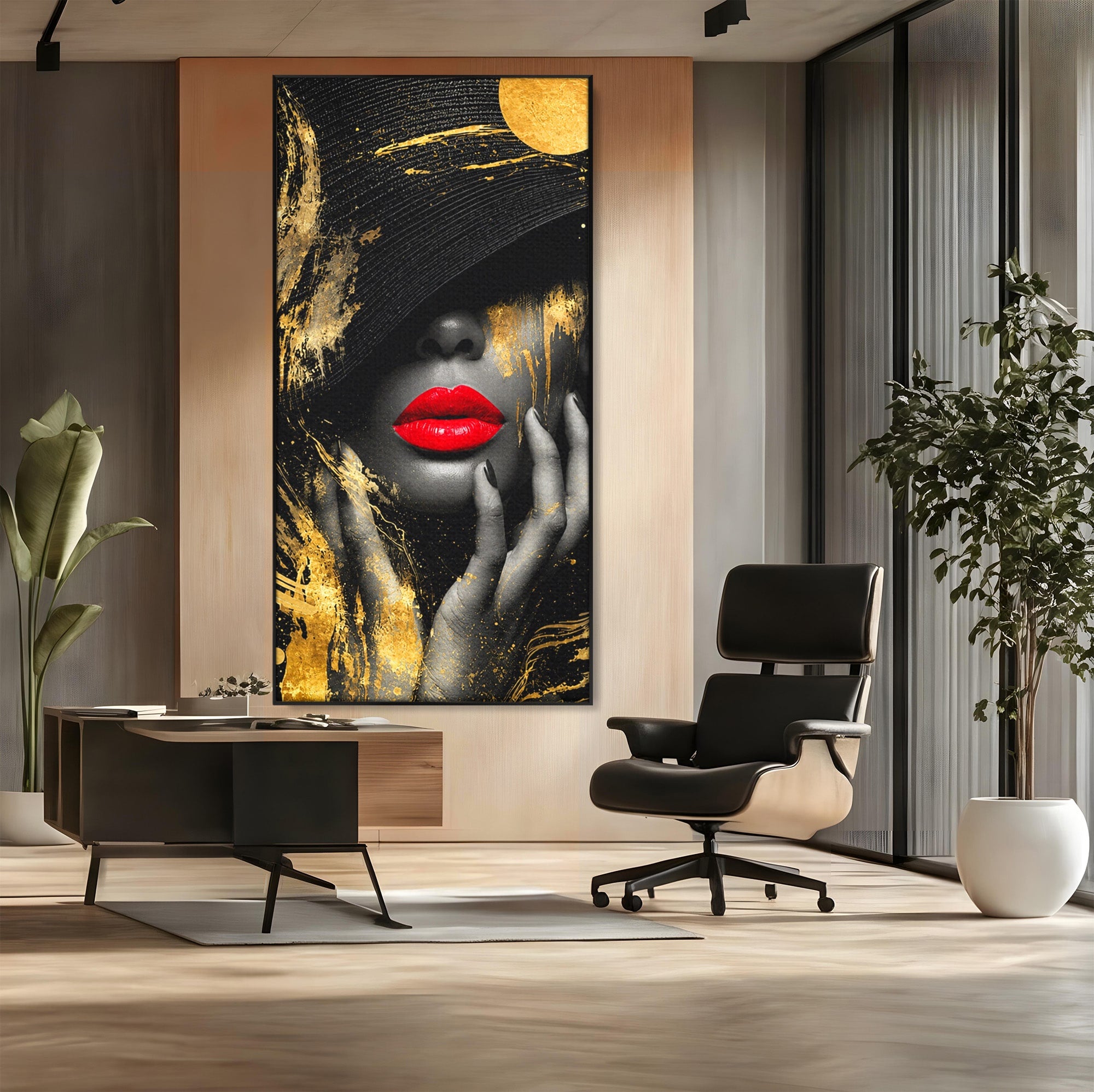Tablou Canvas Premium LuxCanva® G1264, Eleganta Aurie, Portret, Eleganta, Modern, Femeie, Dormitor, Culori Vibrante