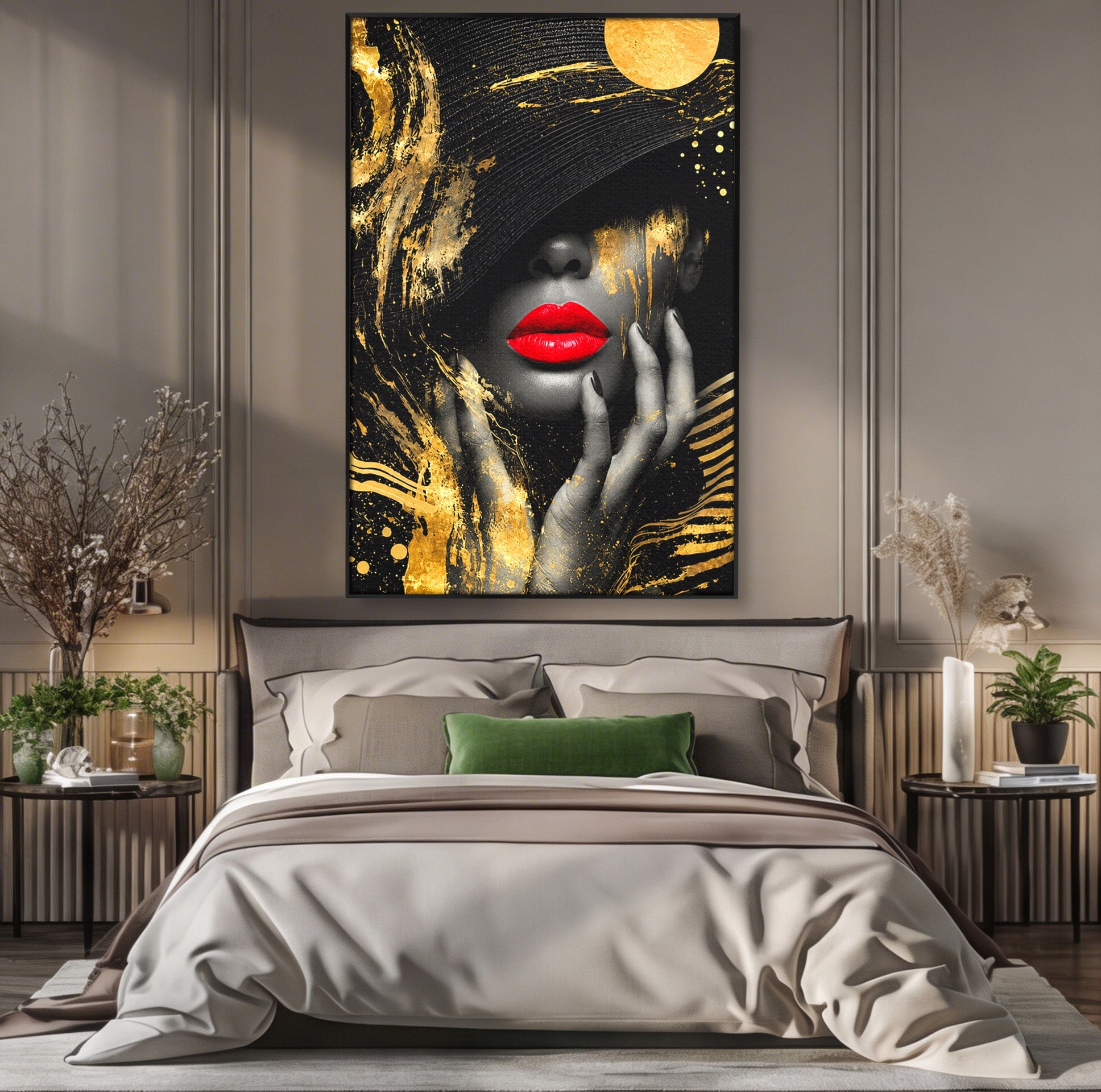 Tablou Canvas Premium LuxCanva® G1264, Eleganta Aurie, Portret, Eleganta, Modern, Femeie, Dormitor, Culori Vibrante