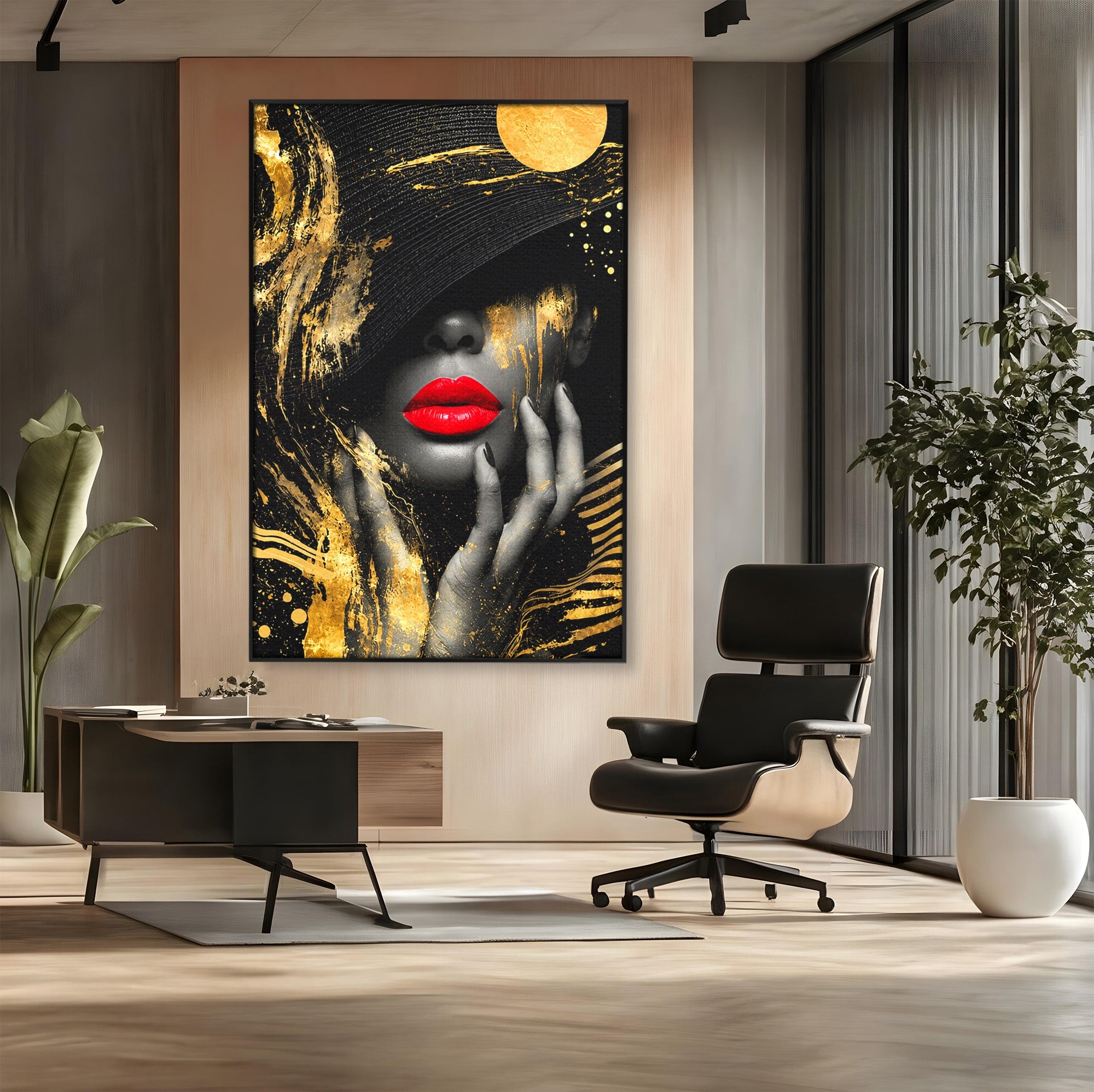 Tablou Canvas Premium LuxCanva® G1264, Eleganta Aurie, Portret, Eleganta, Modern, Femeie, Dormitor, Culori Vibrante