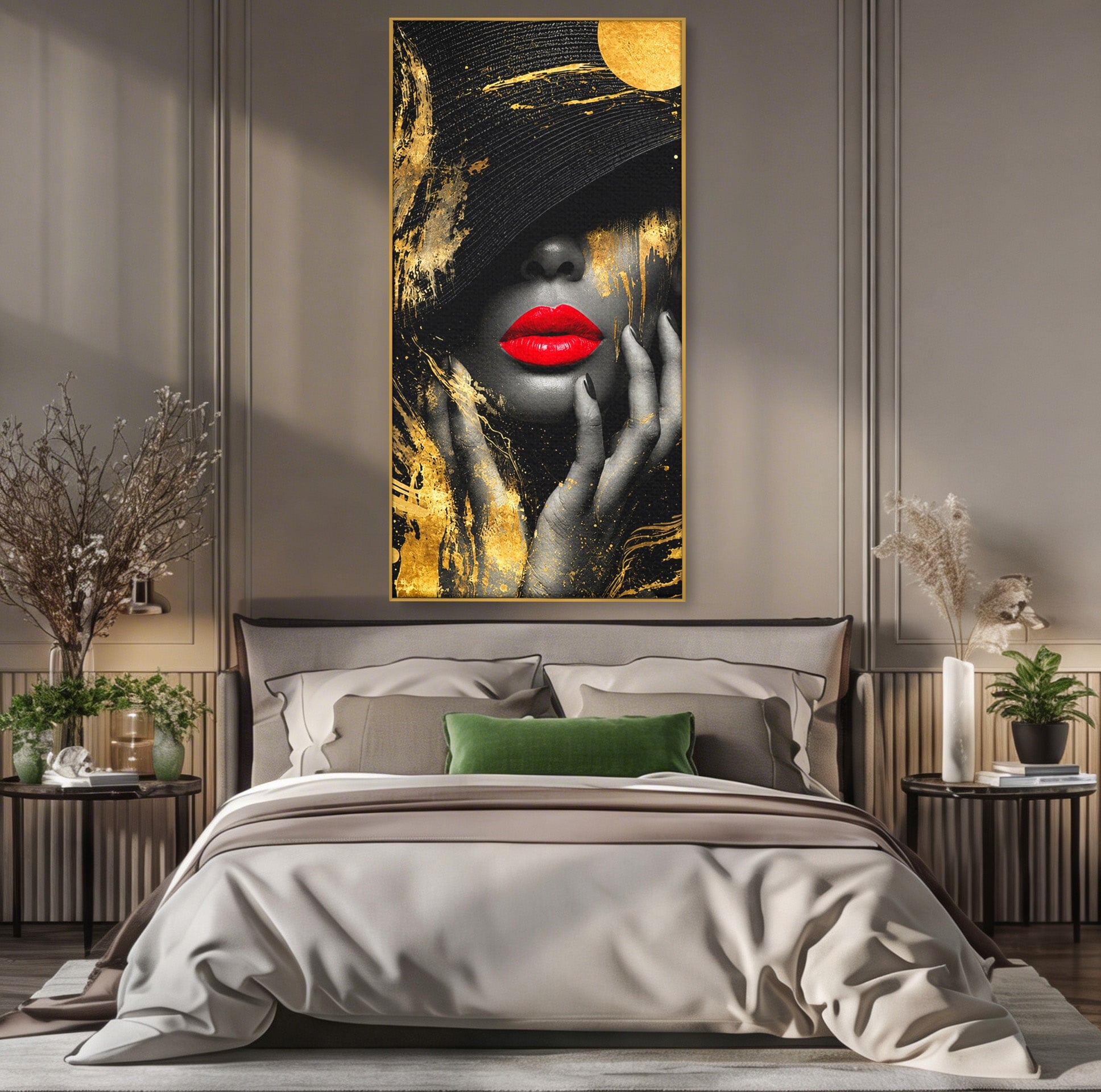 Tablou Canvas Premium LuxCanva® G1264, Eleganta Aurie, Portret, Eleganta, Modern, Femeie, Dormitor, Culori Vibrante