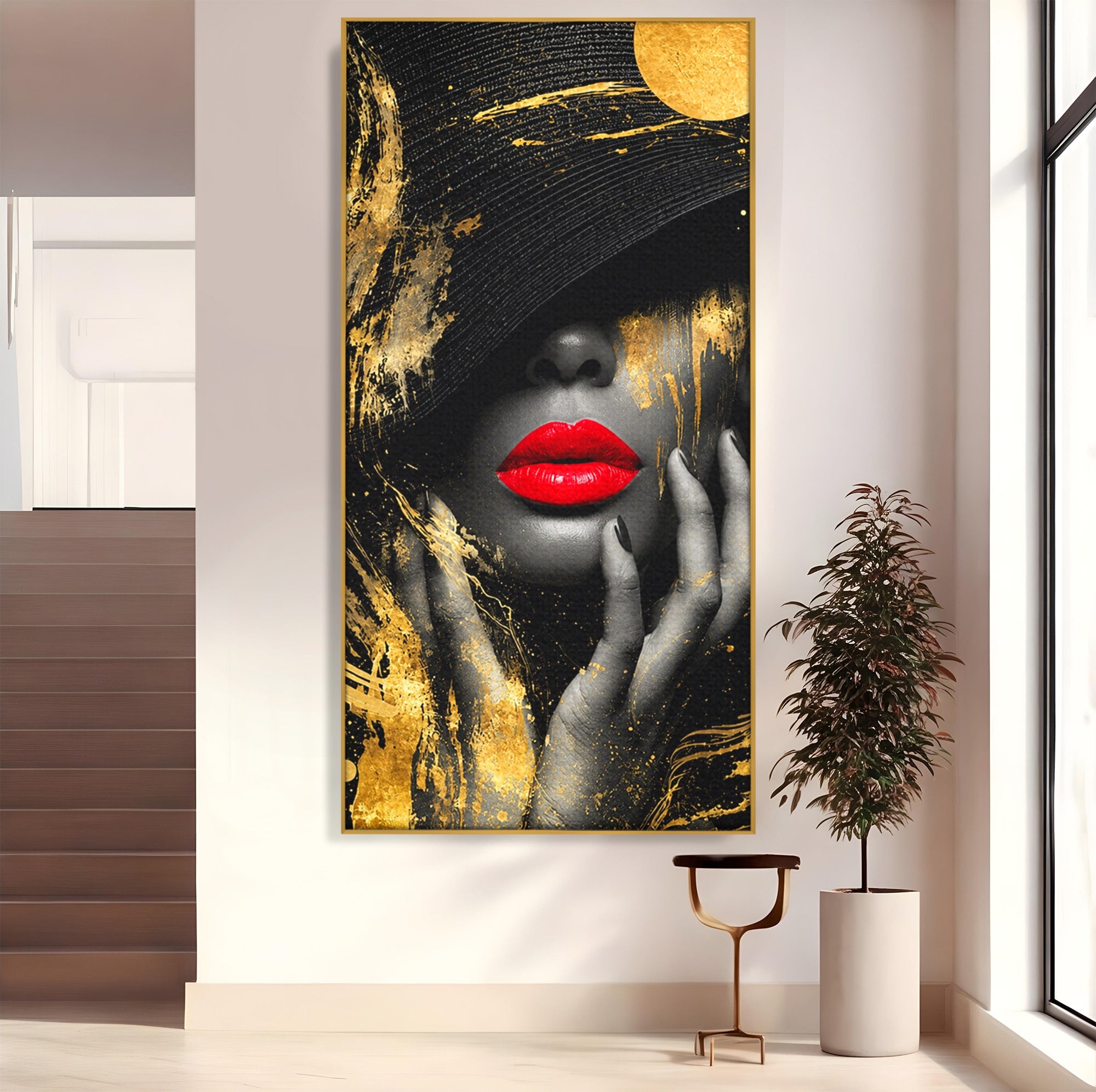Tablou Canvas Premium LuxCanva® G1264, Eleganta Aurie, Portret, Eleganta, Modern, Femeie, Dormitor, Culori Vibrante