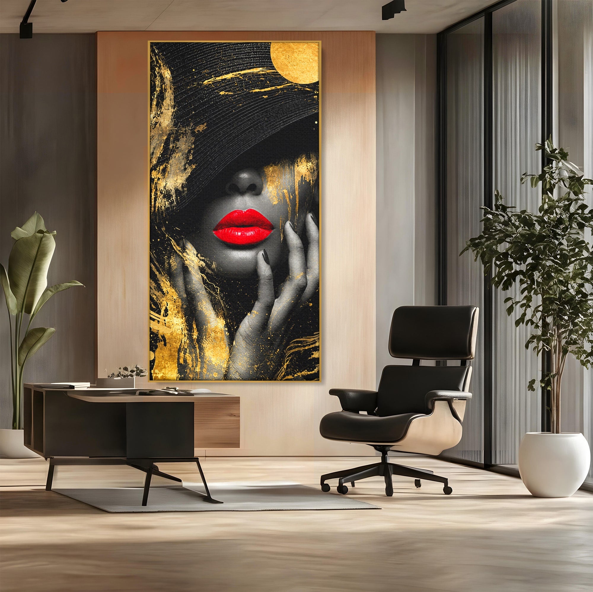 Tablou Canvas Premium LuxCanva® G1264, Eleganta Aurie, Portret, Eleganta, Modern, Femeie, Dormitor, Culori Vibrante