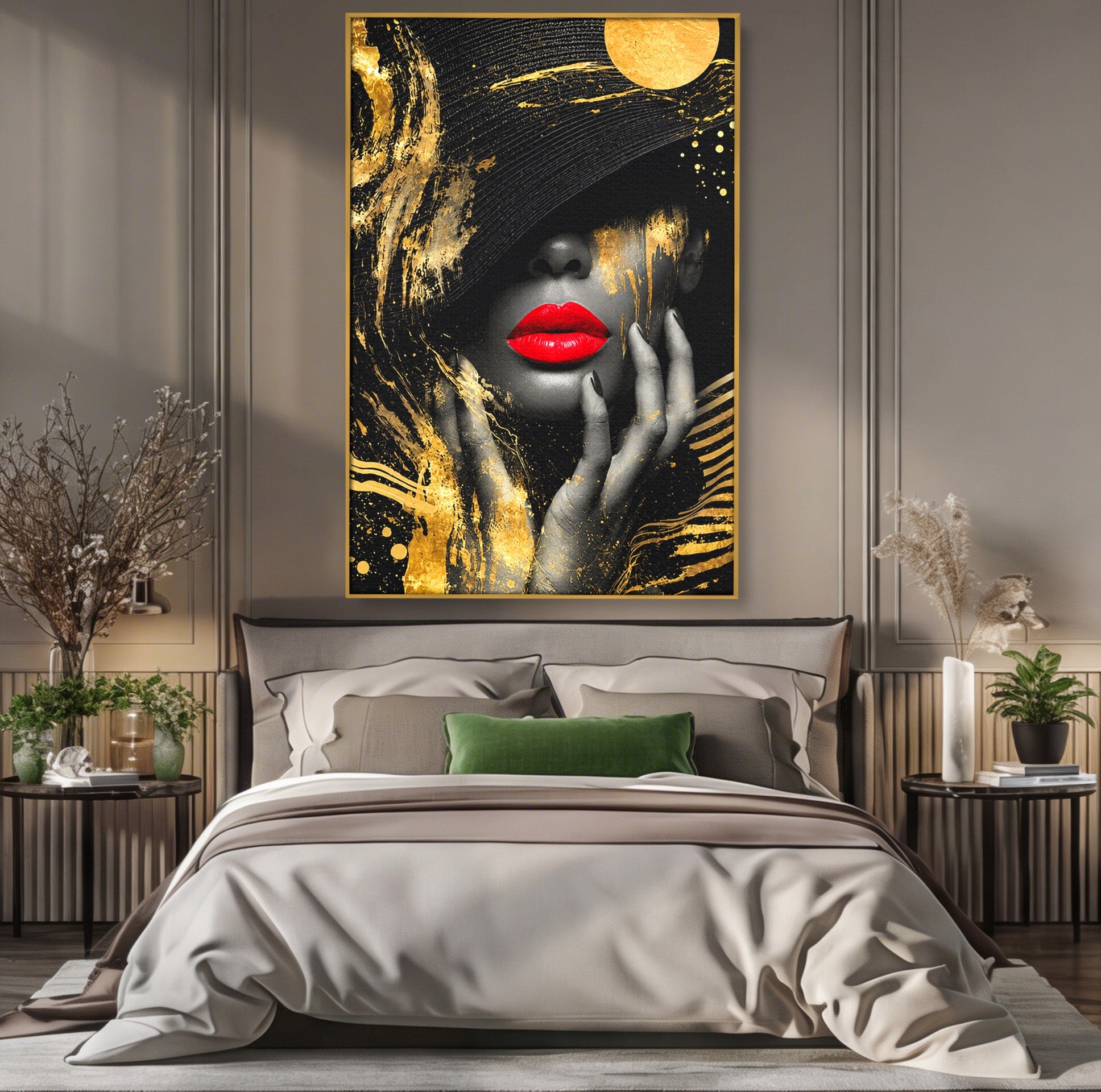 Tablou Canvas Premium LuxCanva® G1264, Eleganta Aurie, Portret, Eleganta, Modern, Femeie, Dormitor, Culori Vibrante