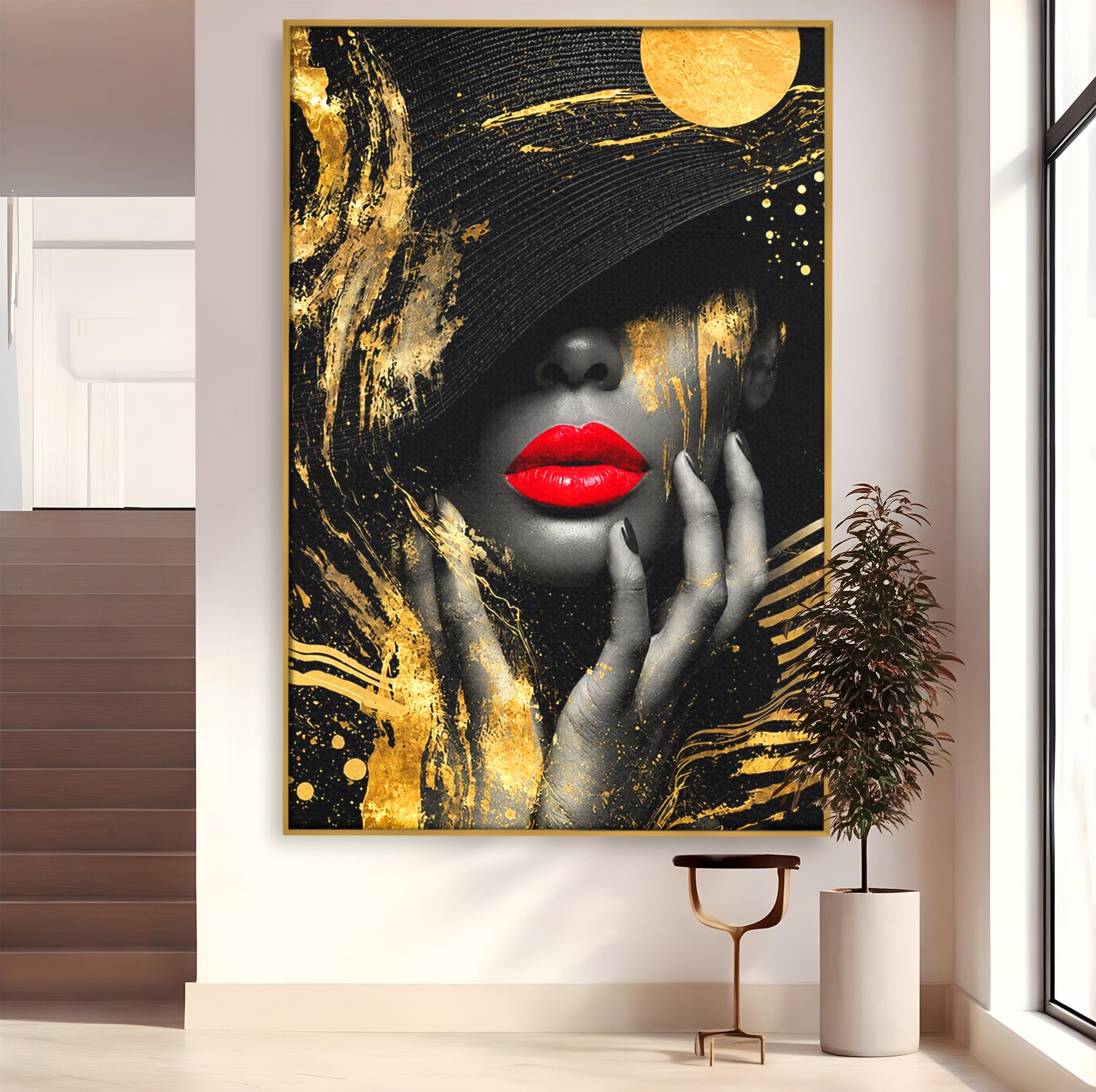Tablou Canvas Premium LuxCanva® G1264, Eleganta Aurie, Portret, Eleganta, Modern, Femeie, Dormitor, Culori Vibrante