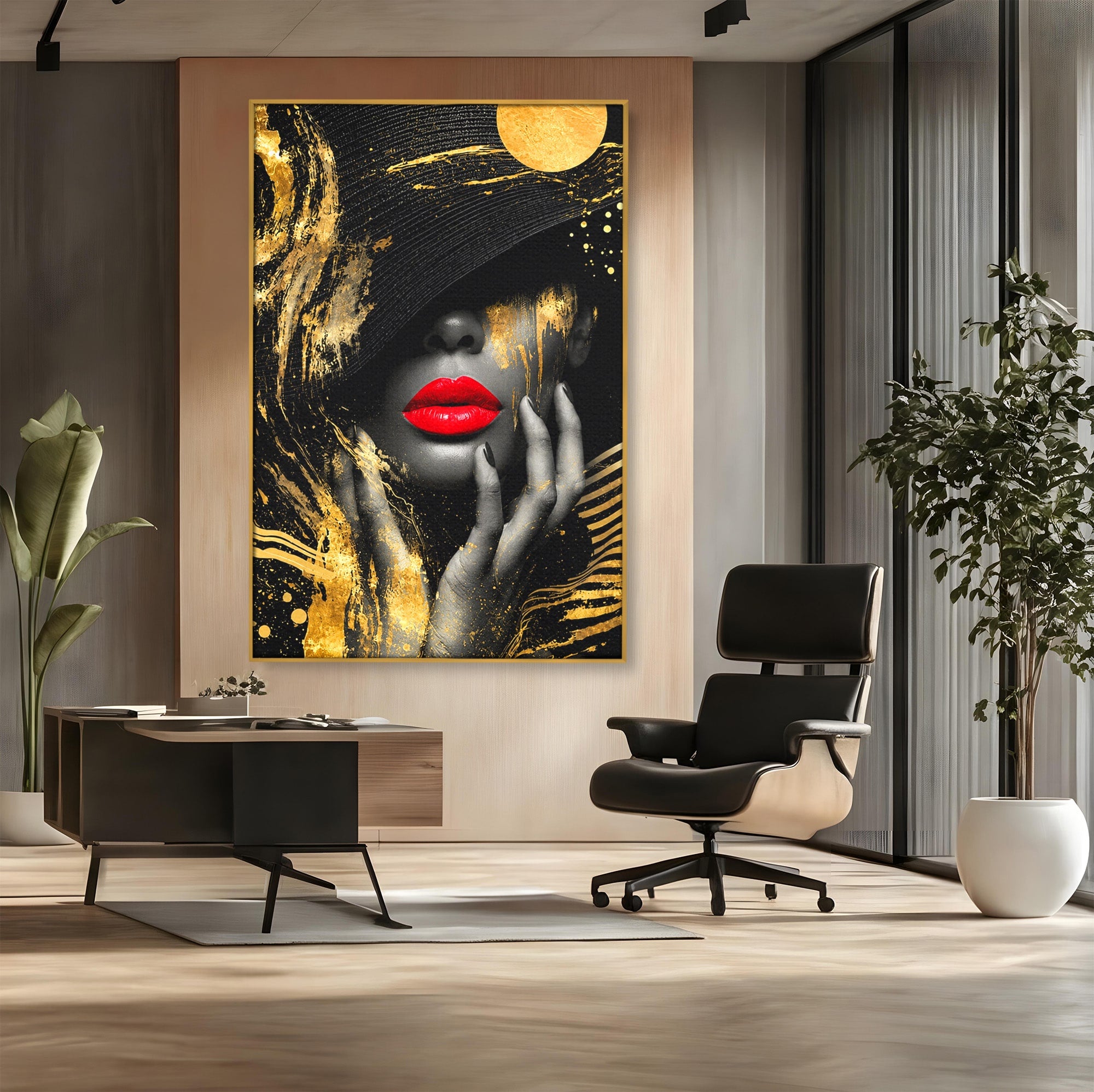 Tablou Canvas Premium LuxCanva® G1264, Eleganta Aurie, Portret, Eleganta, Modern, Femeie, Dormitor, Culori Vibrante