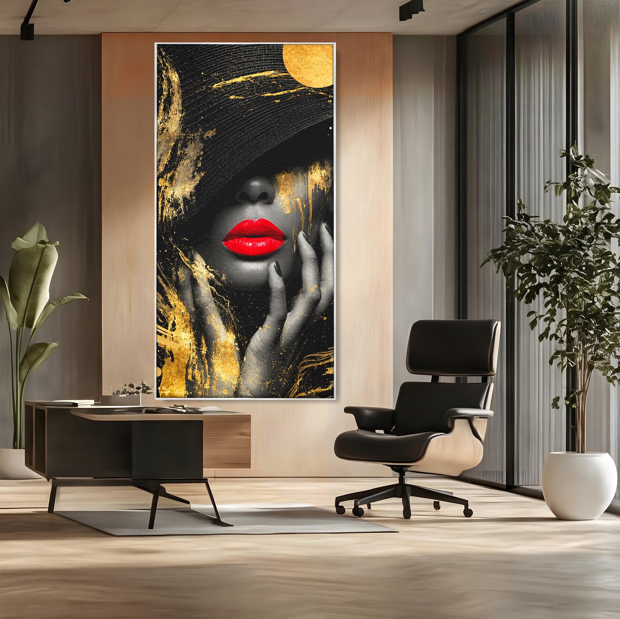 Tablou Canvas Premium LuxCanva® G1264, Eleganta Aurie, Portret, Eleganta, Modern, Femeie, Dormitor, Culori Vibrante