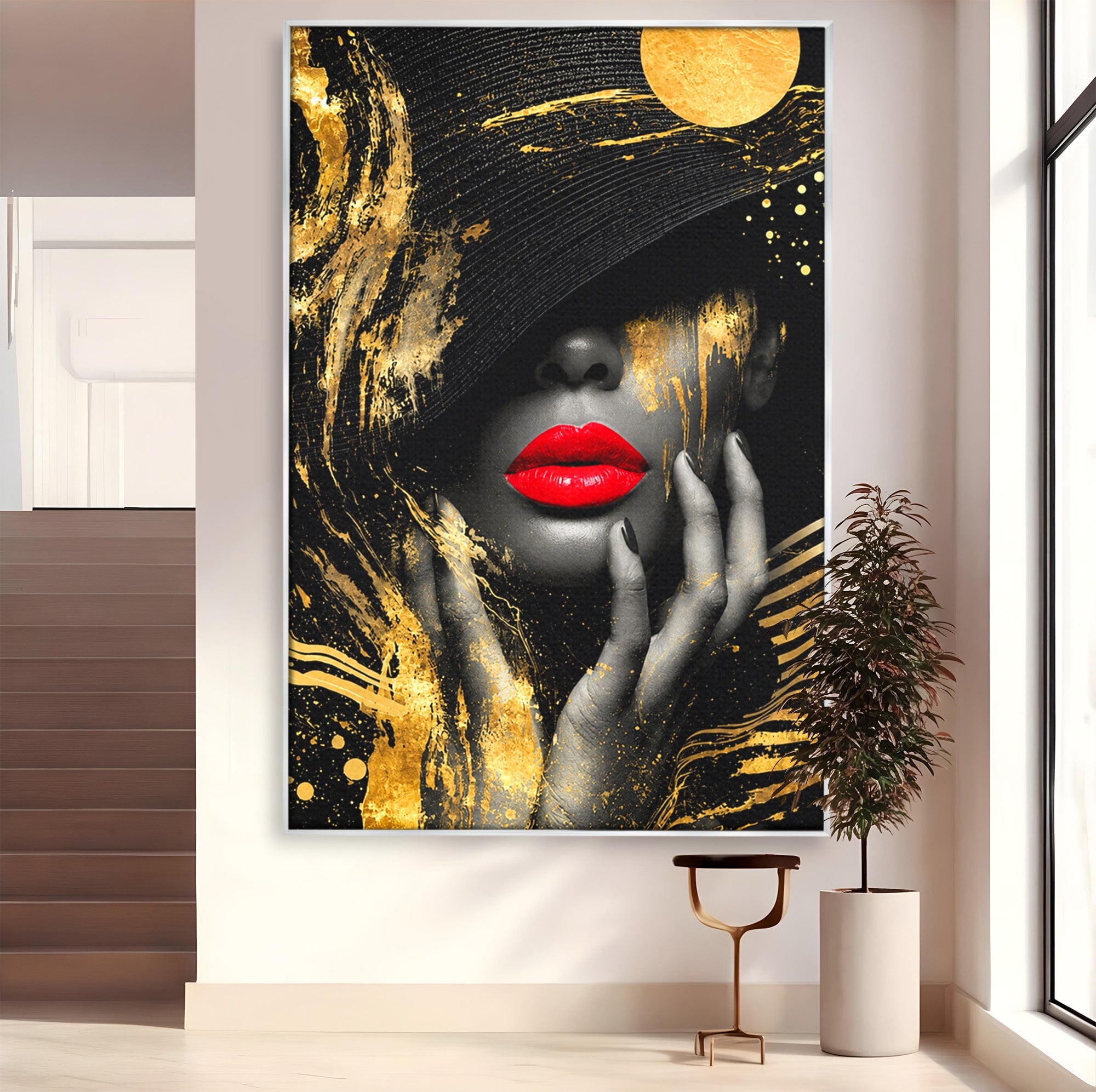 Tablou Canvas Premium LuxCanva® G1264, Eleganta Aurie, Portret, Eleganta, Modern, Femeie, Dormitor, Culori Vibrante