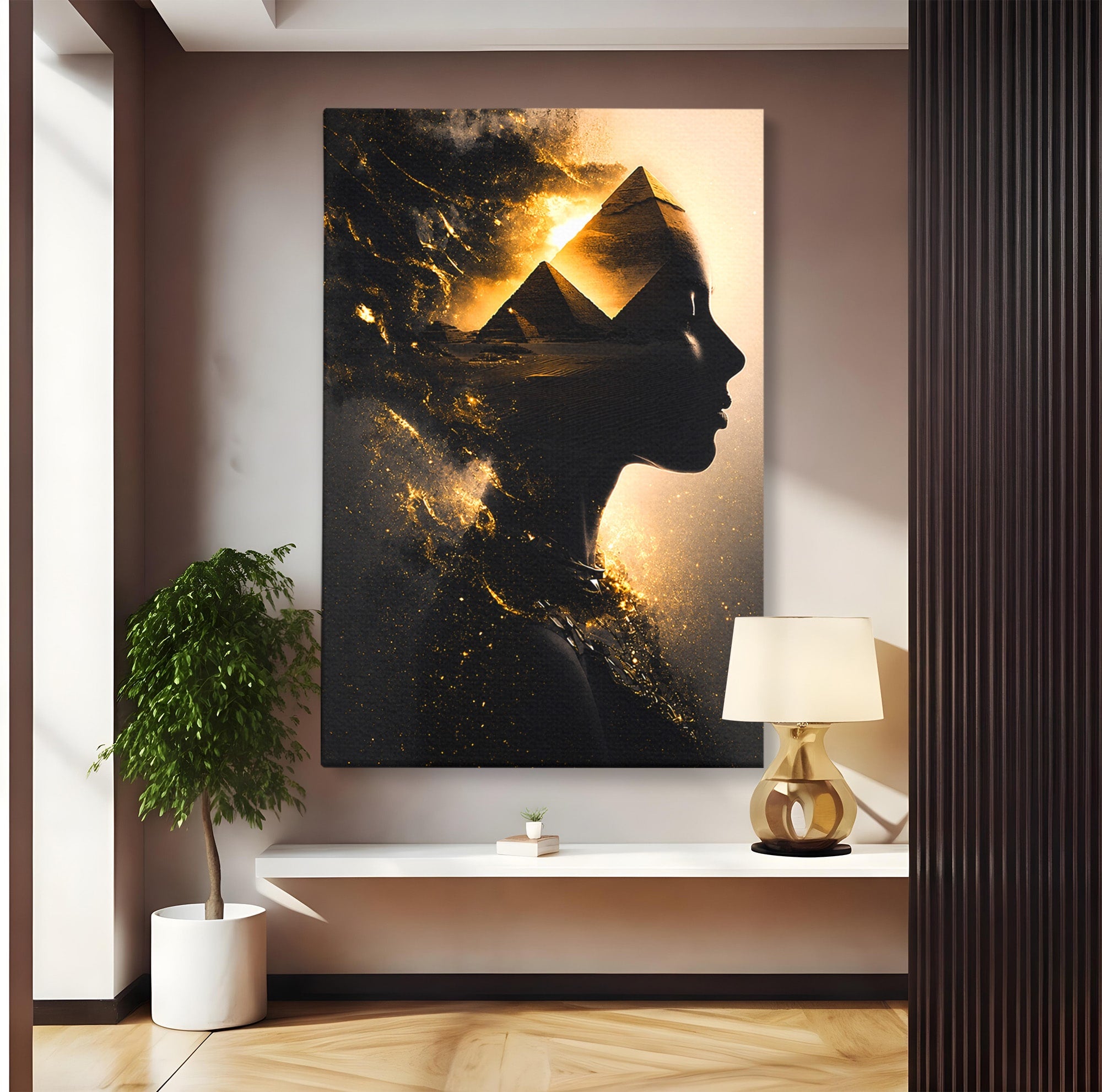 Tablou Canvas Premium LuxCanva® G1265, Misterul Piramidelor, Piramide, Silhouette, Femeie, Egipt, Mister, Living, Culori Vibrante