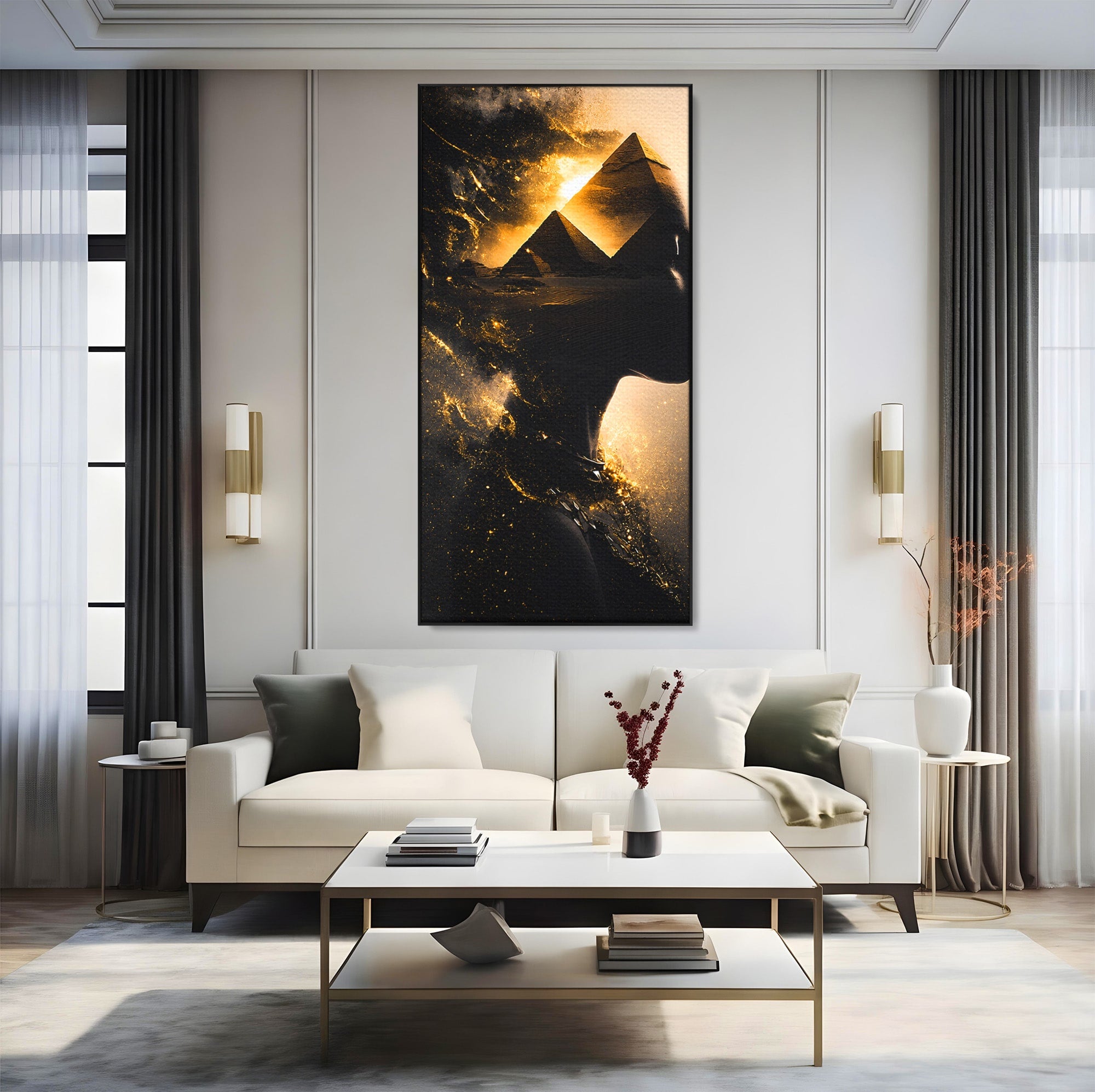 Tablou Canvas Premium LuxCanva® G1265, Misterul Piramidelor, Piramide, Silhouette, Femeie, Egipt, Mister, Living, Culori Vibrante