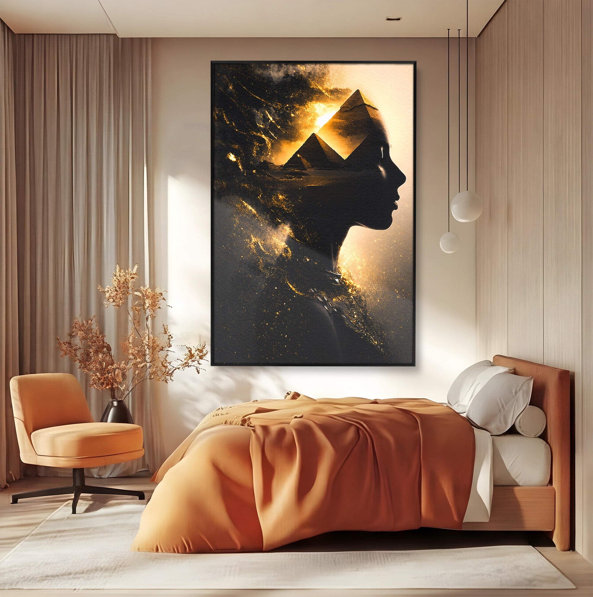 Tablou Canvas Premium LuxCanva® G1265, Misterul Piramidelor, Piramide, Silhouette, Femeie, Egipt, Mister, Living, Culori Vibrante