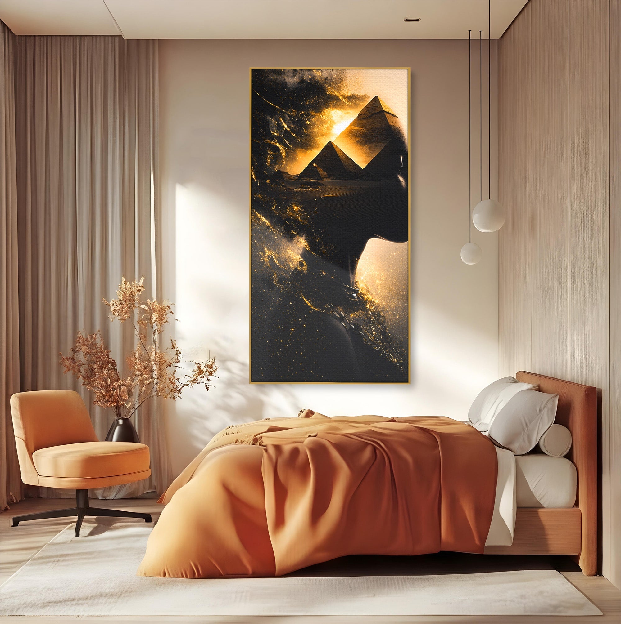 Tablou Canvas Premium LuxCanva® G1265, Misterul Piramidelor, Piramide, Silhouette, Femeie, Egipt, Mister, Living, Culori Vibrante